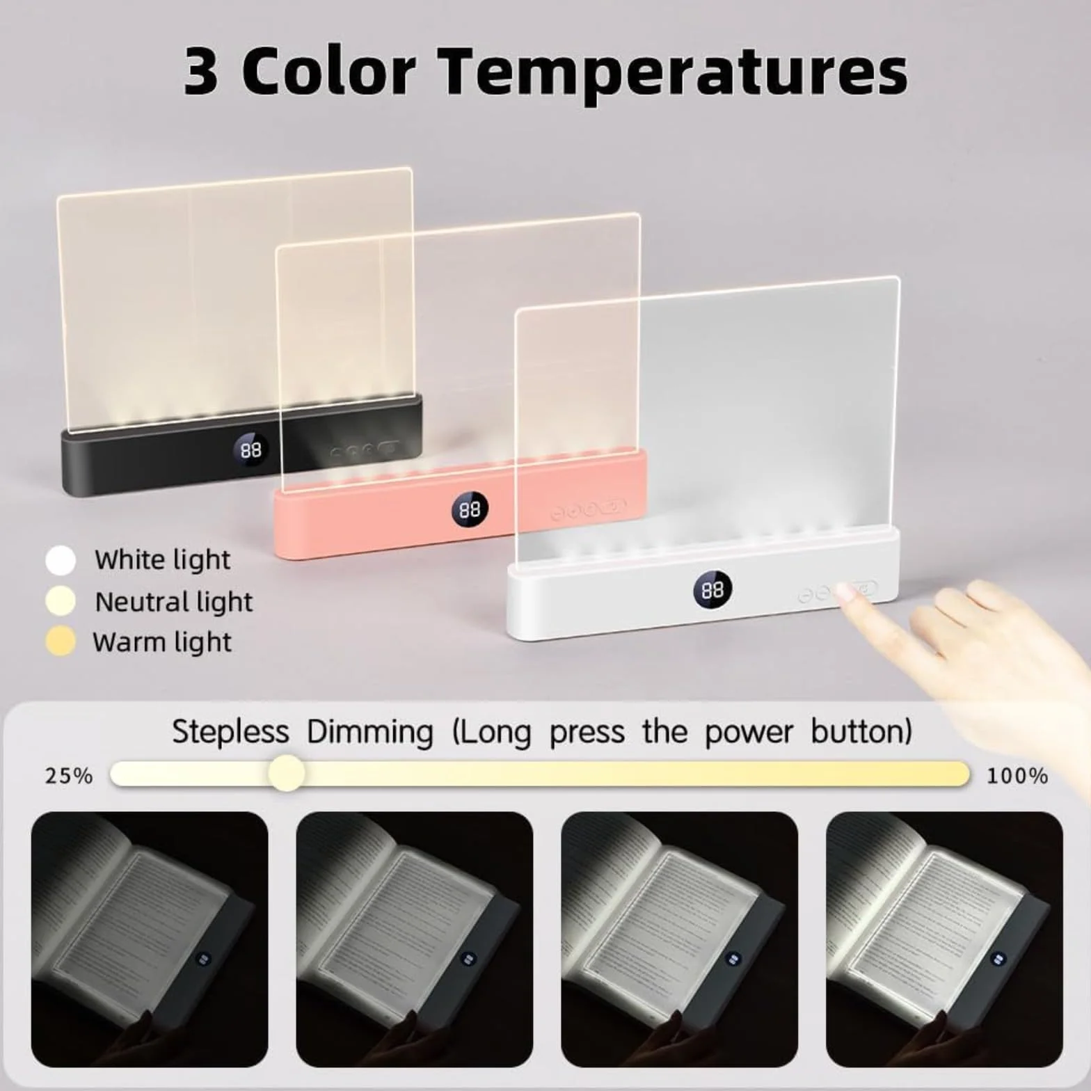 Lampada Da Lettura LED con 3 Colori, Timer, Luce Regolabile e Ricaricabile