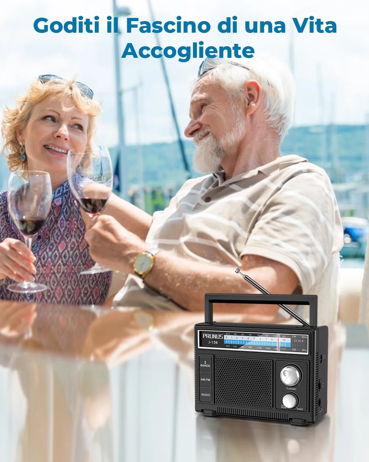 PRUNUS J-136 Radio Portatile AM/FM, Alimentazione Batterie o CA, Jack AUX/Microfono, Nero