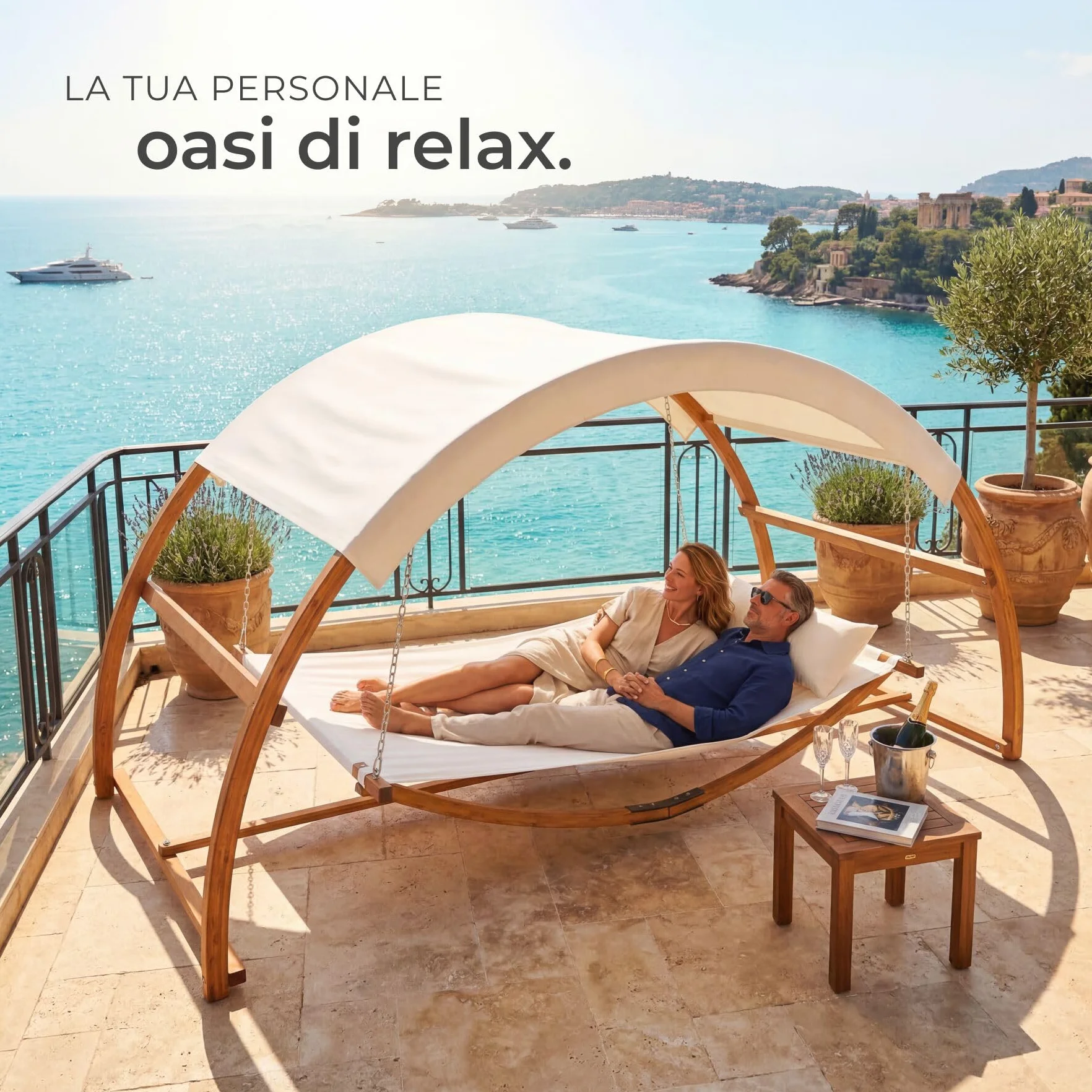 tectake® Amaca da Esterno per 2 Persone, Amaca XXL con Tettuccio Parasole, Struttura in Legno Robusta, Tessuto Traspirante e Idrorepellente, Inclusi Comodi Cuscini, Teak, 328 x 160 x 171,5 cm