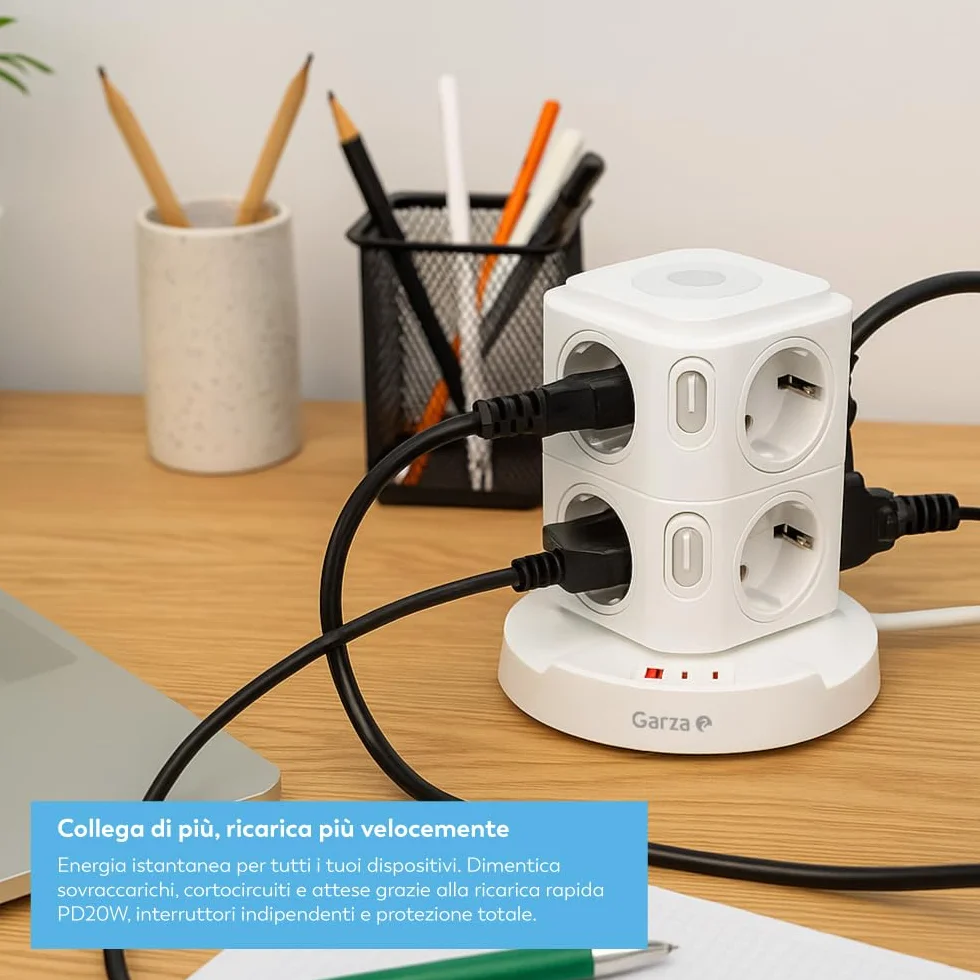 Ciabatta Elettrica 11 in 1 con 8 Prese Schuko, 2 USB-C PD20W e 1 USB-A, Bianco