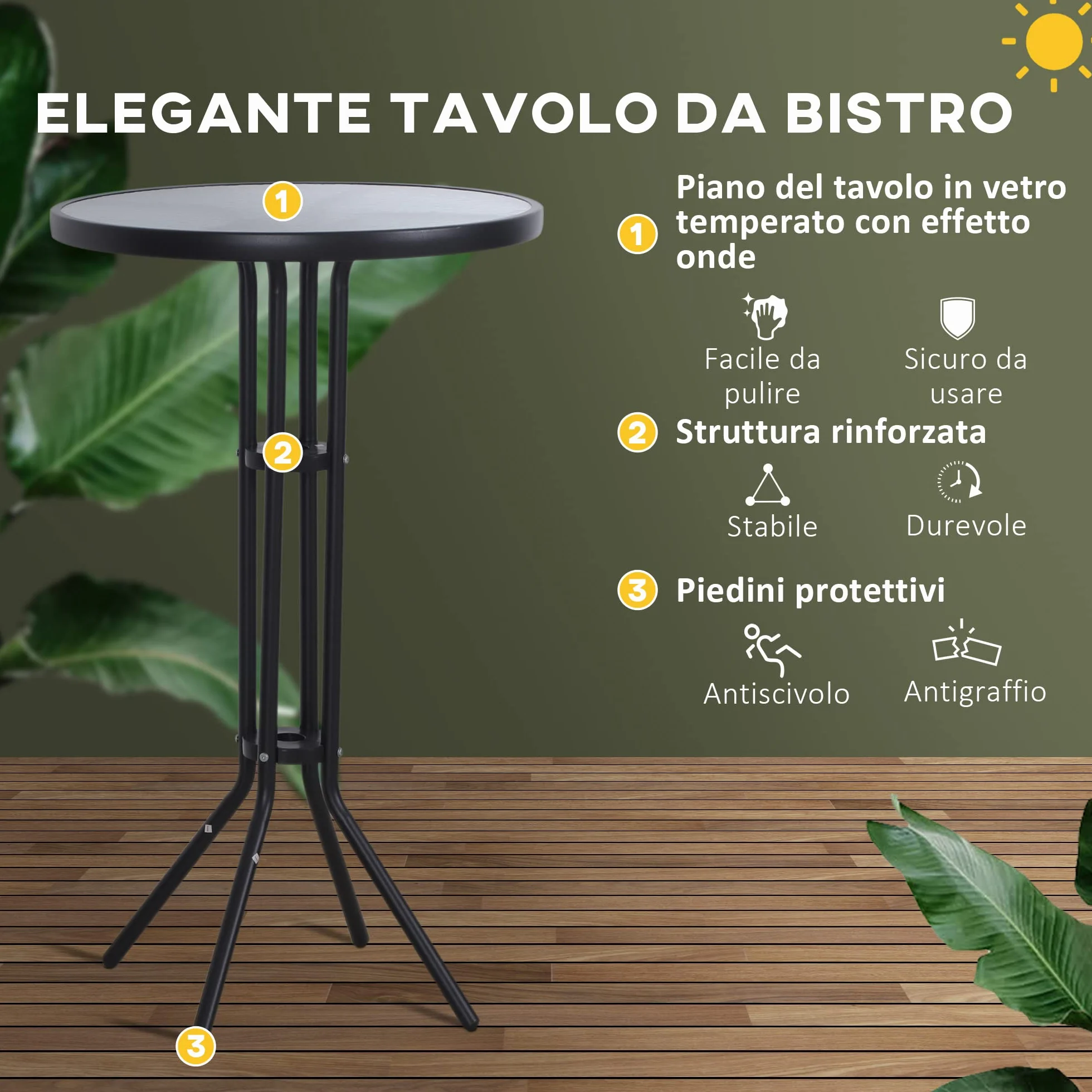 Outsunny Set da Bar/Ristorante 3 Pezzi: 2 Sgabelli (40.5x50x82cm) 1 Tavolo Vetro Temperato (Φ60x102cm), Nero e Marrone