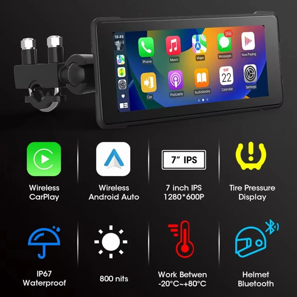Navigatore per Moto Carplay Display 7" Android Telecamera DVR Attacco Manubrio 7 Pollici