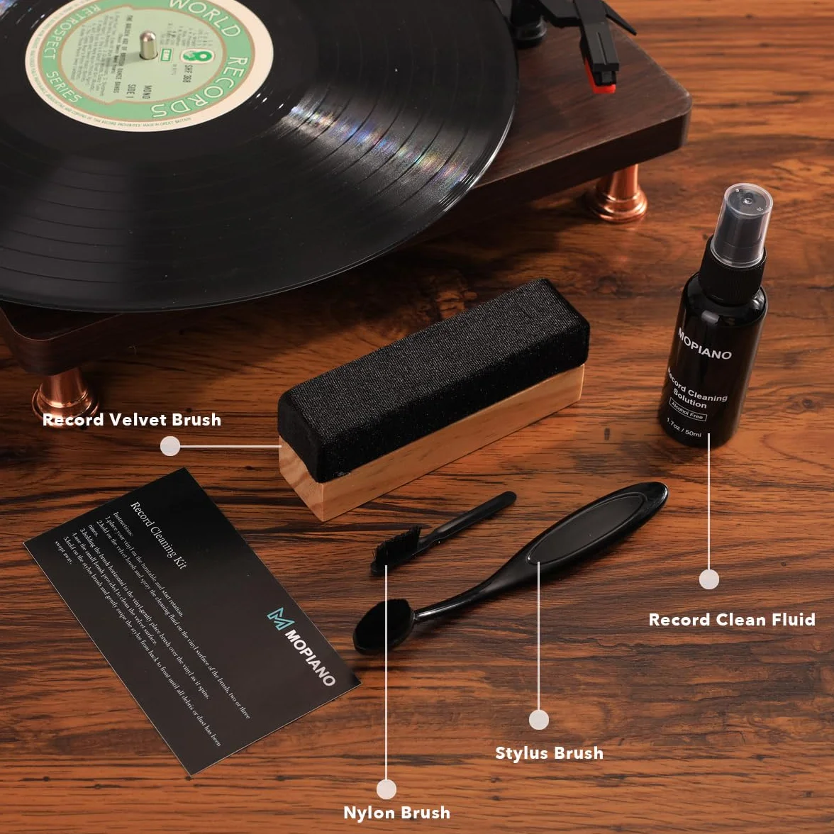 Mopiano Kit Pulizia Dischi Vinili 4-in-1 con Spazzola Morbida, Liquido LP, Spazzola Stilo e Nylon