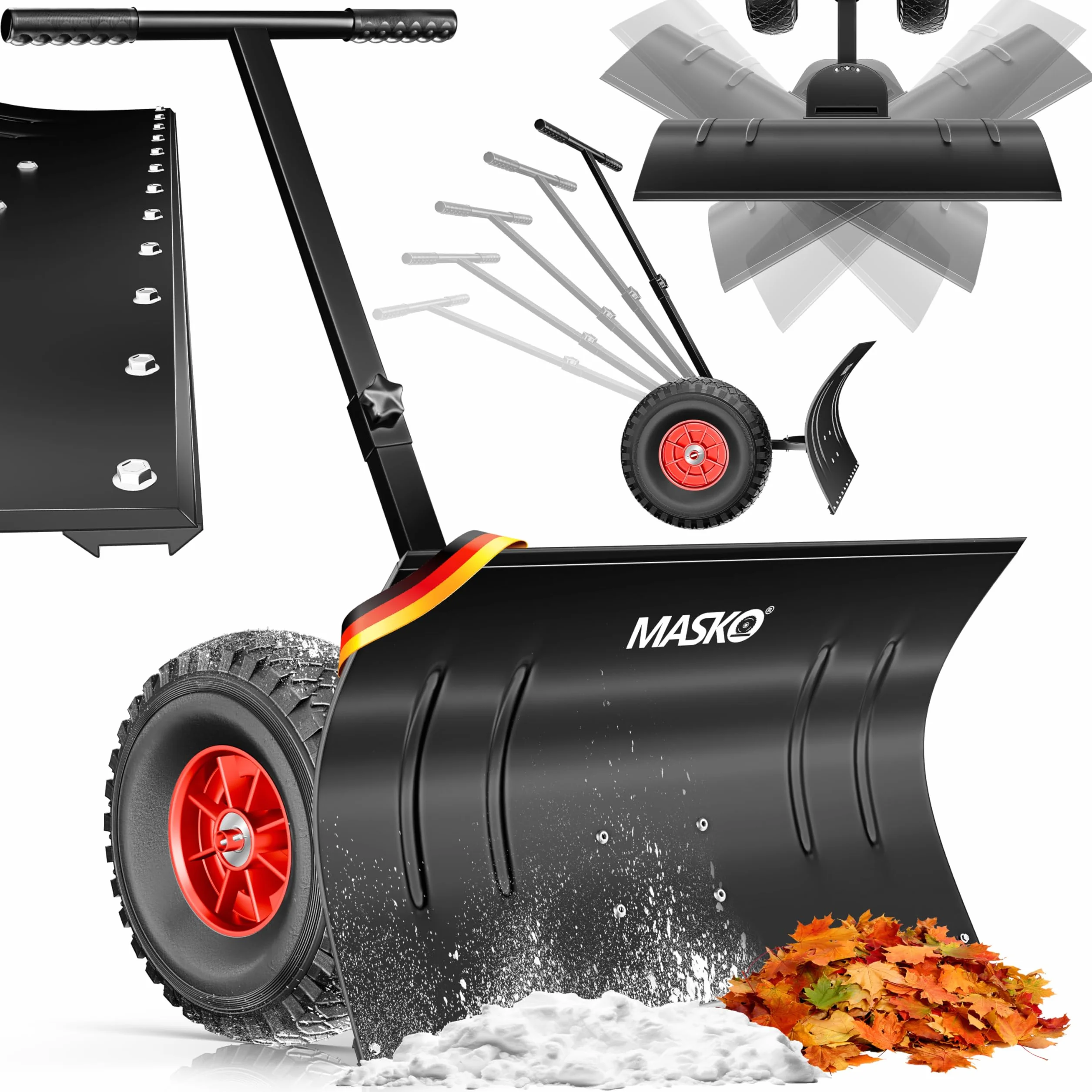 MASKO® Pala da neve su ruote regolabile in altezza – 5 posizioni regolabili in altezza, che non danneggia la schiena, 75 cm, larghezza di lavoro 42 cm