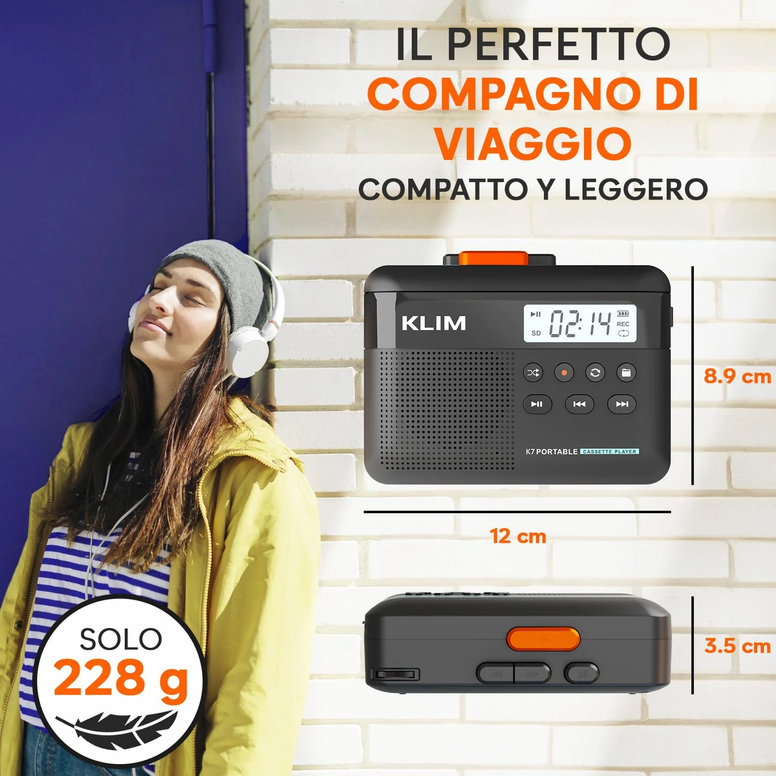 K7 Cassette Player MP3 Converter Portatile con Microfono e Altoparlante Incorporati Batteria Ricaricabile Auricolari Scheda SD 16 GB Nero Arancione