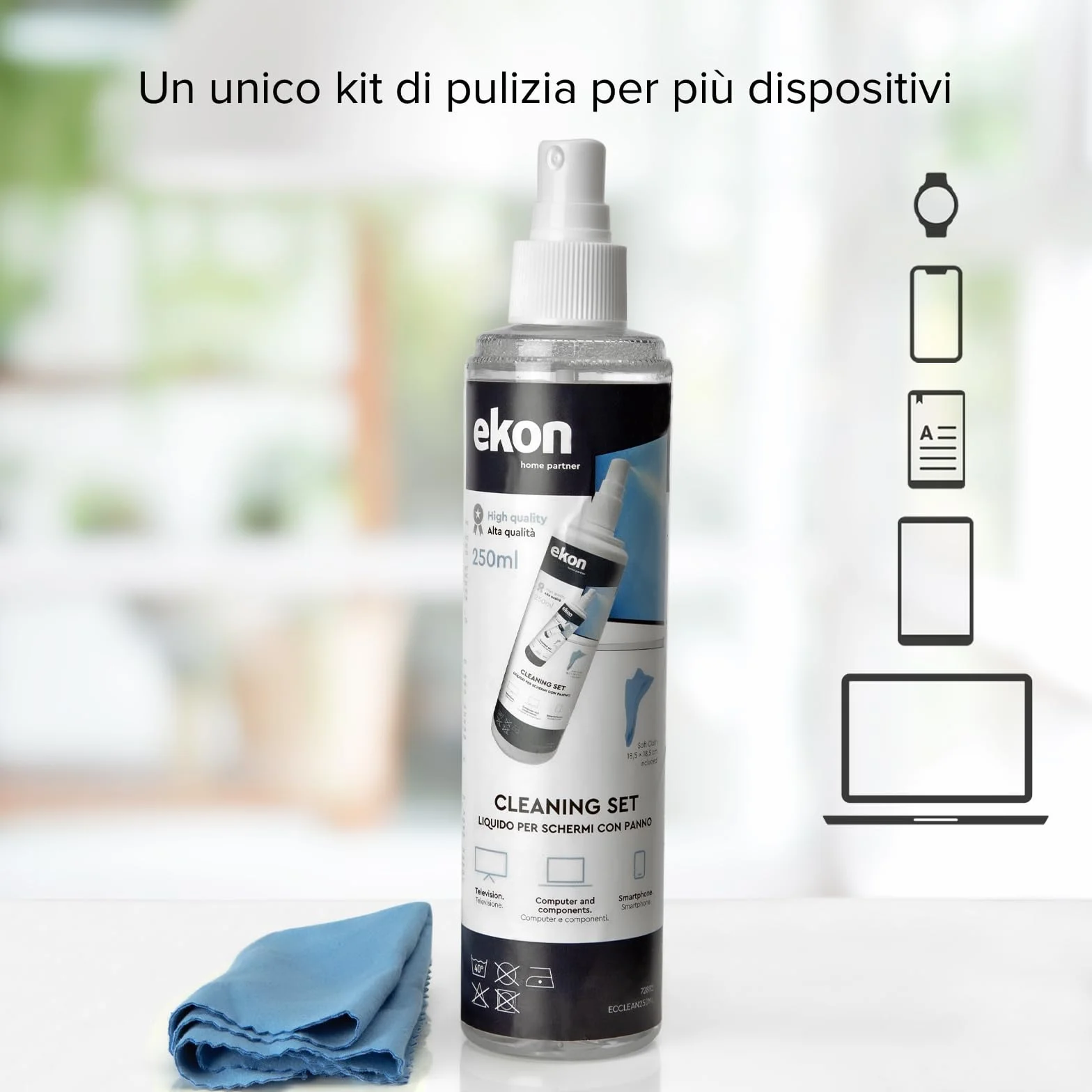 Ekon Spray per Schermi Display 250ml Kit Pulizia per Monitor Laptop Fotocamere TV Smartphone Tablet