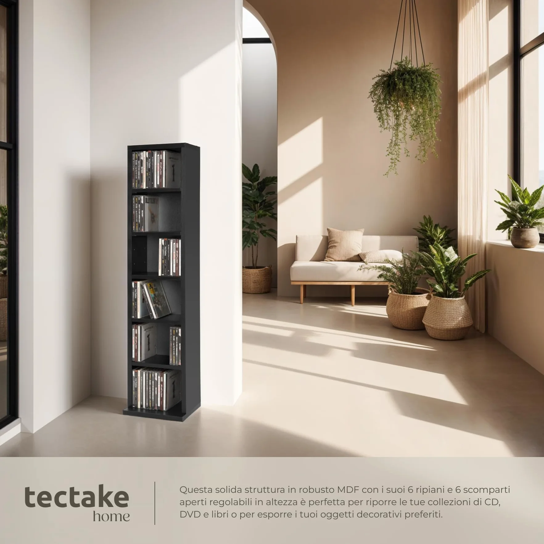 Tectake Scaffale Porta CD DVD 102 CD 6 Piani MDF Rivestimento Plastico 90x21x20 cm Nero