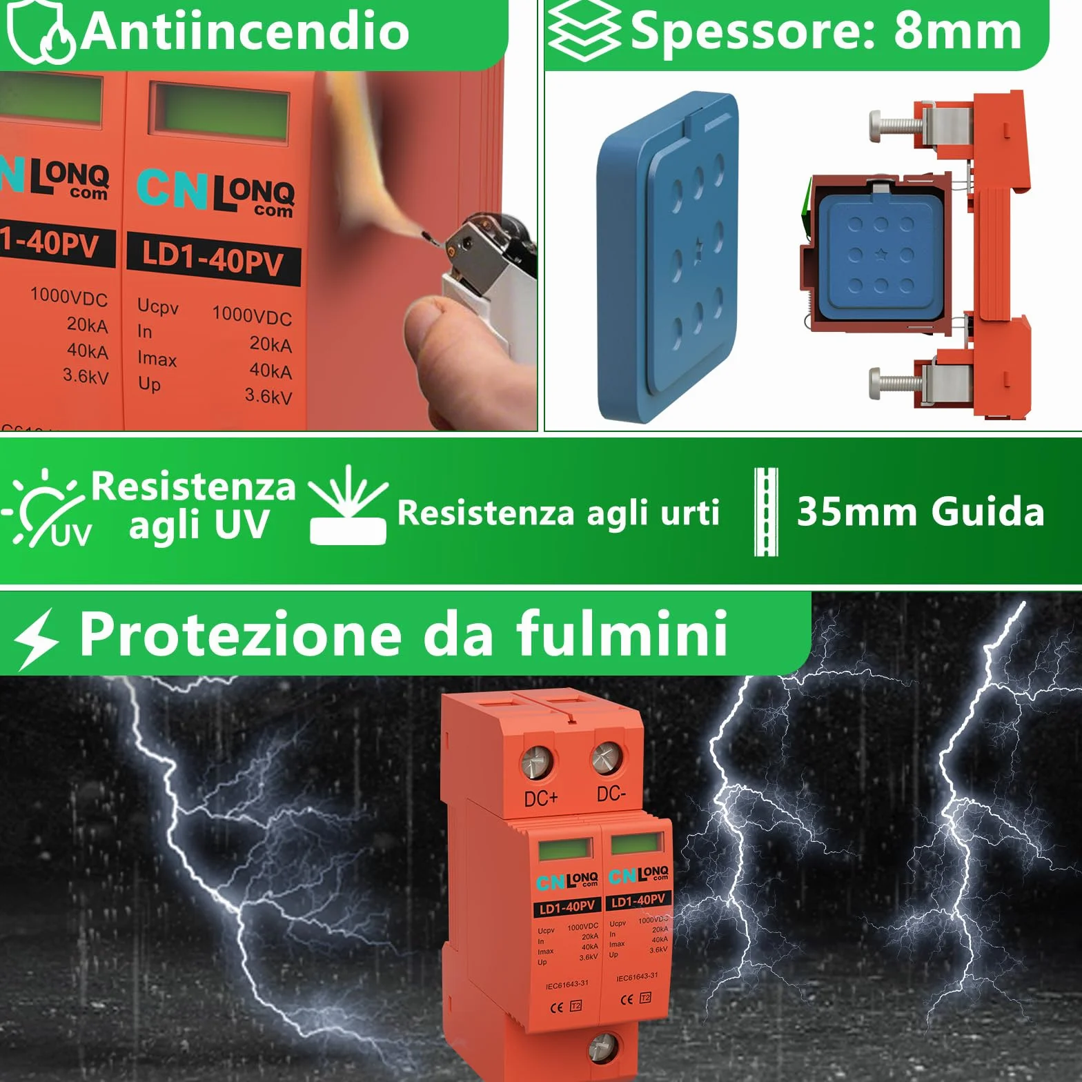 Scaricatore di Sovratensione DC1000V 20kA~40kA 2P Fotovoltaico Protezione Contro Sovratensioni
