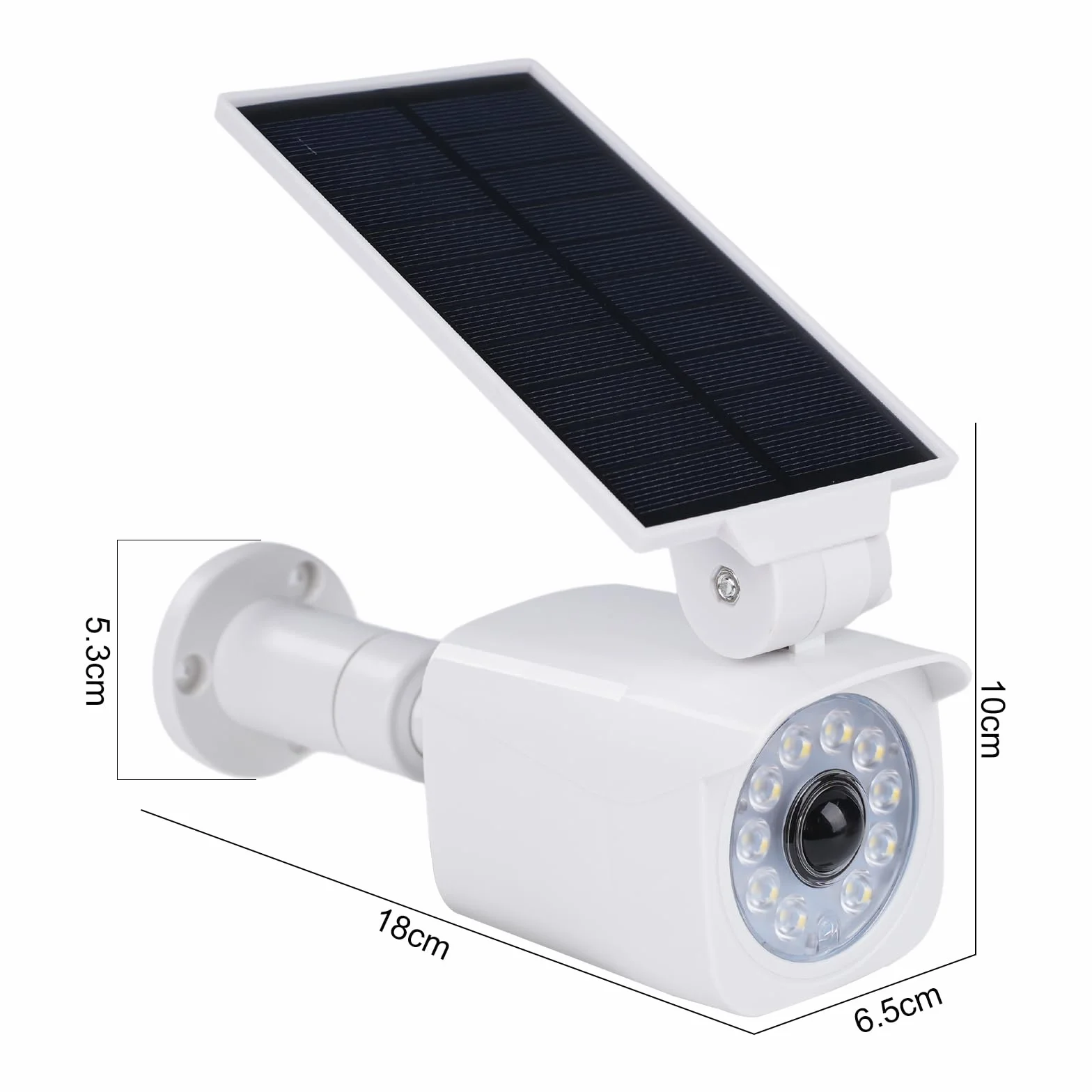Telecamera finta da esterno Faro LED solare con sensore movimento 360° Pannello solare girevole 120° 5V 1,5W 2200mAh IP65 Bianco