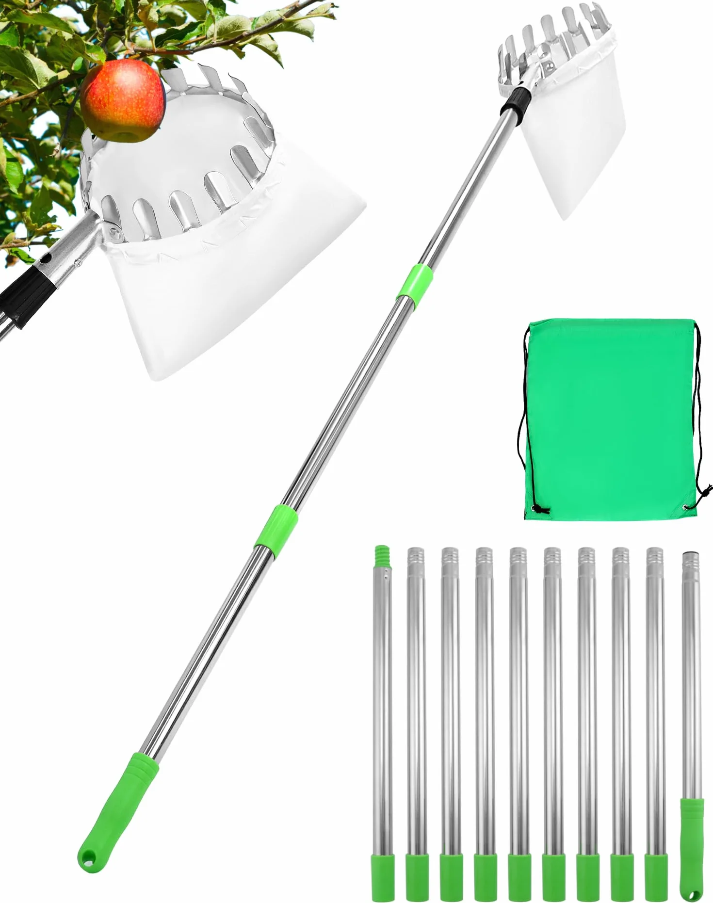 QWORK® Raccoglitrice di Frutta 4M con Manico telescopico, Acciaio Inossidabile, Strumento raccoglifrutta