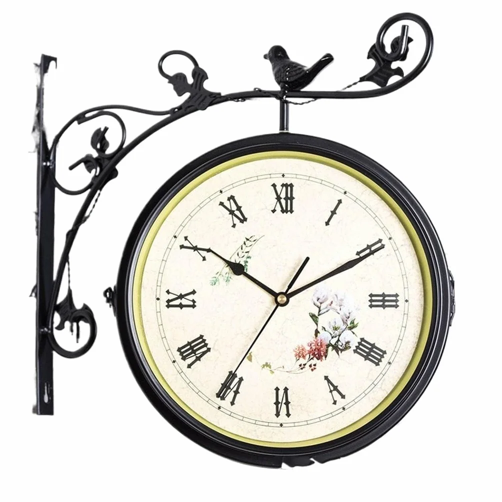 Orologio Da Parete Vintage Orologio da parete retrò bifacciale in ferro battuto esterno, decorazione for esterni(Noir)