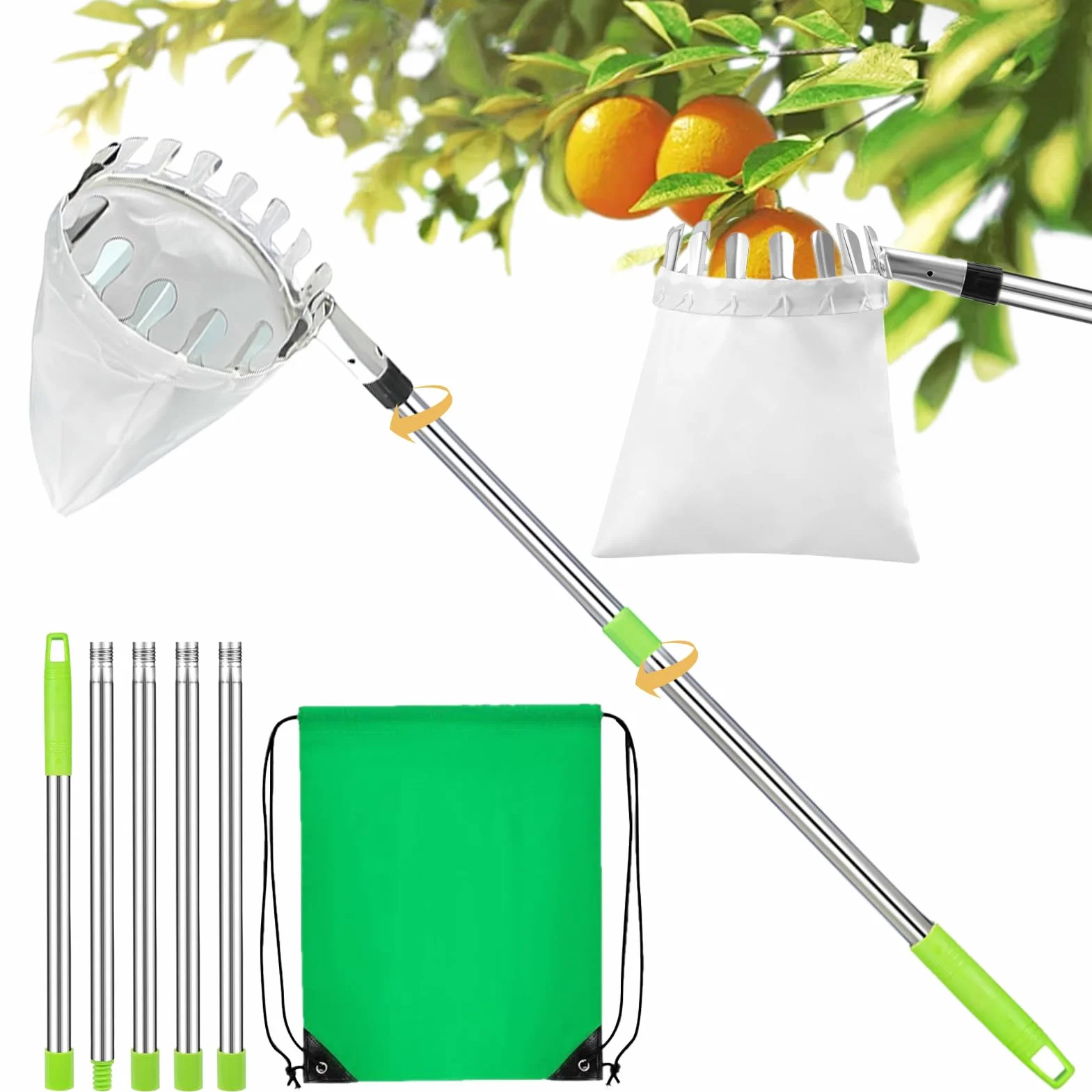 Raccogli Frutta con Palo in Acciaio Inox Leggero, 2 m raccoglitore di frutta raccogli frutta Raccoglifrutta Regolabile in Altezza, Raccogli Frutta da Albero con Testa a Cestello