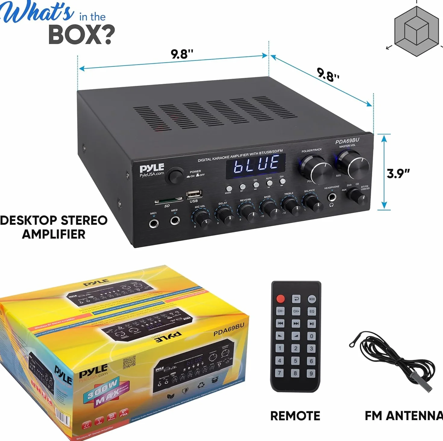 Pyle Amplificatore Audio Stereo Bluetooth 300 Watt Doppio Canale MP3 USB SD AUX RCA MIC Cuffie FM LED per Home Theater Studio
