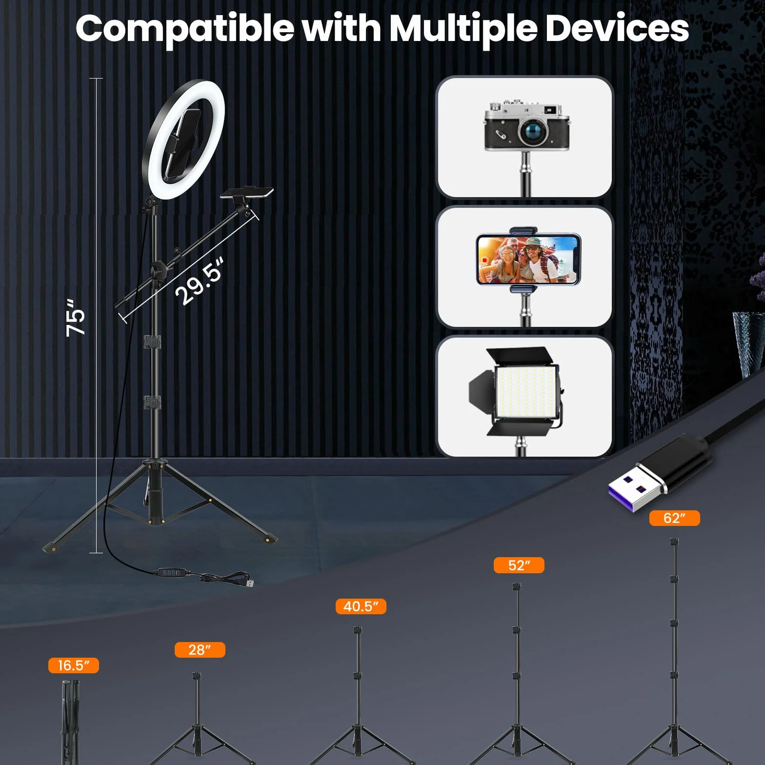 LUXSURE Ring Light con Treppiede 10,5" LED per Smartphone, Doppio Supporto 2 Telefoni, Braccio per Riprese dall'Alto