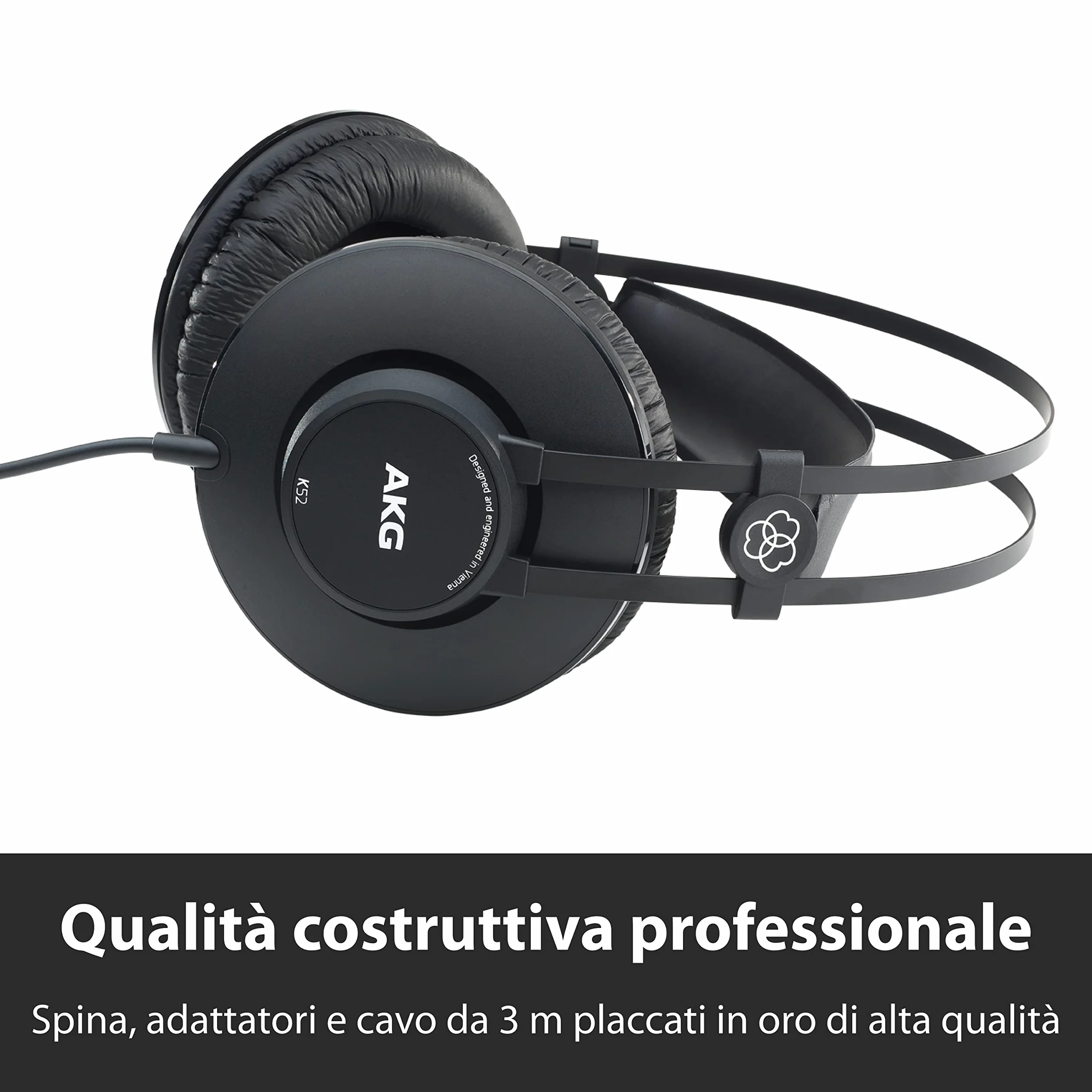 AKG K52 Cuffie da studio chiuse con cavo, adattatori 3,5 mm e 1/4", cavo 3 m - Nero