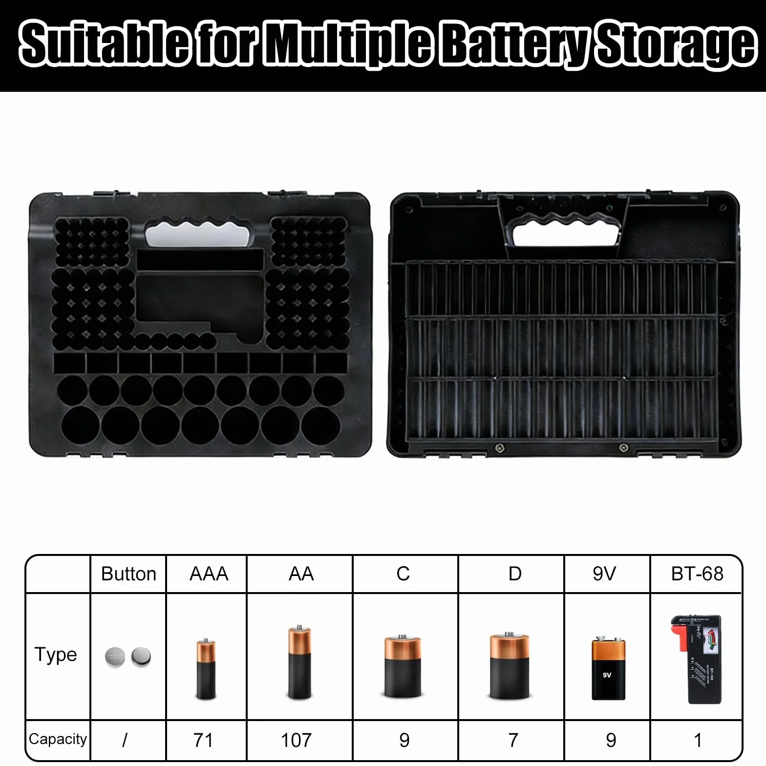 Scatola per batterie con tester 239 pezzi organizer compatibile AAA AA C D 9V nera