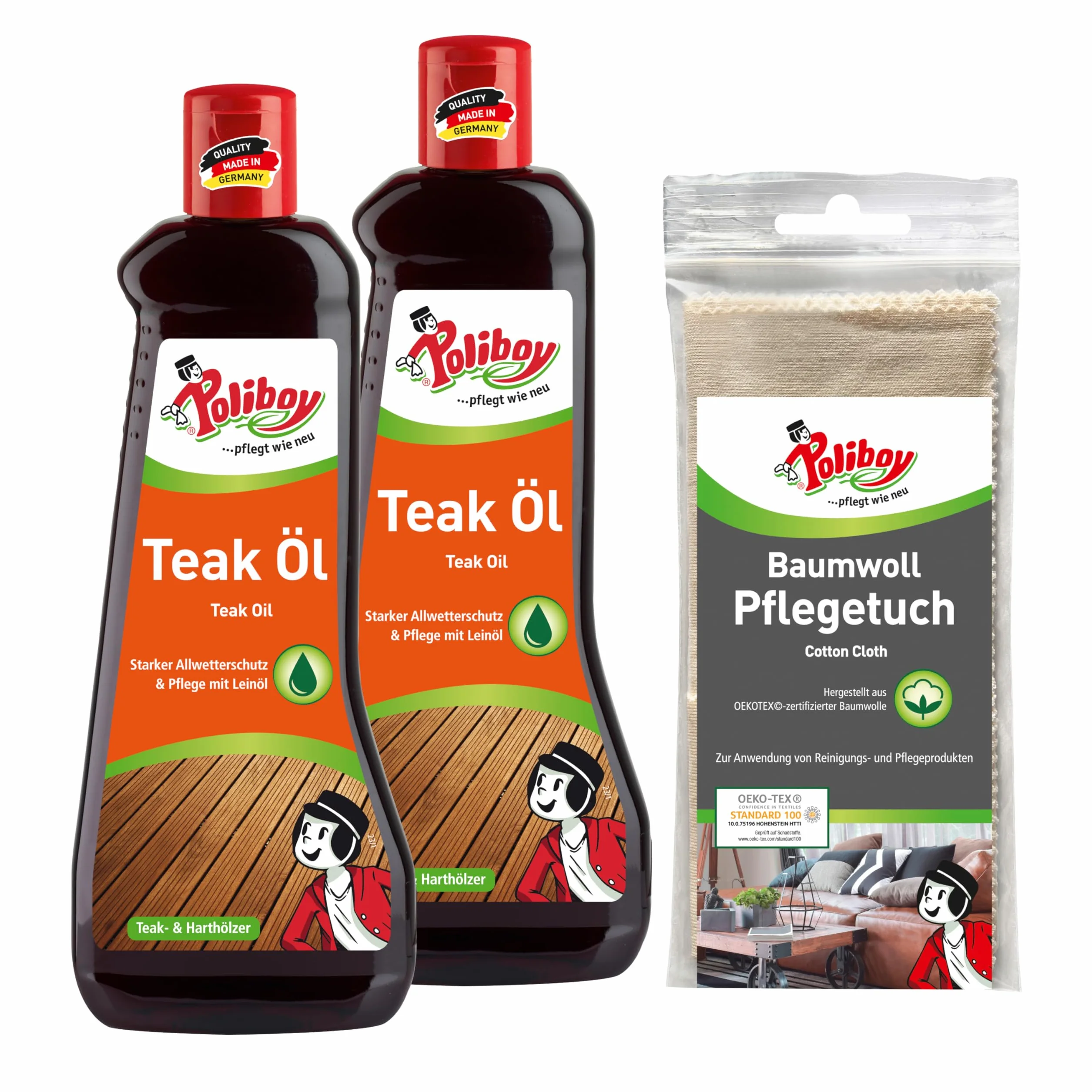 Poliboy Olio per Legno Teak, Cura del Legno per Legni Duri Scuri, Protezione e Rinnovamento Colori, 2x500 ml, Prodotto in Germania