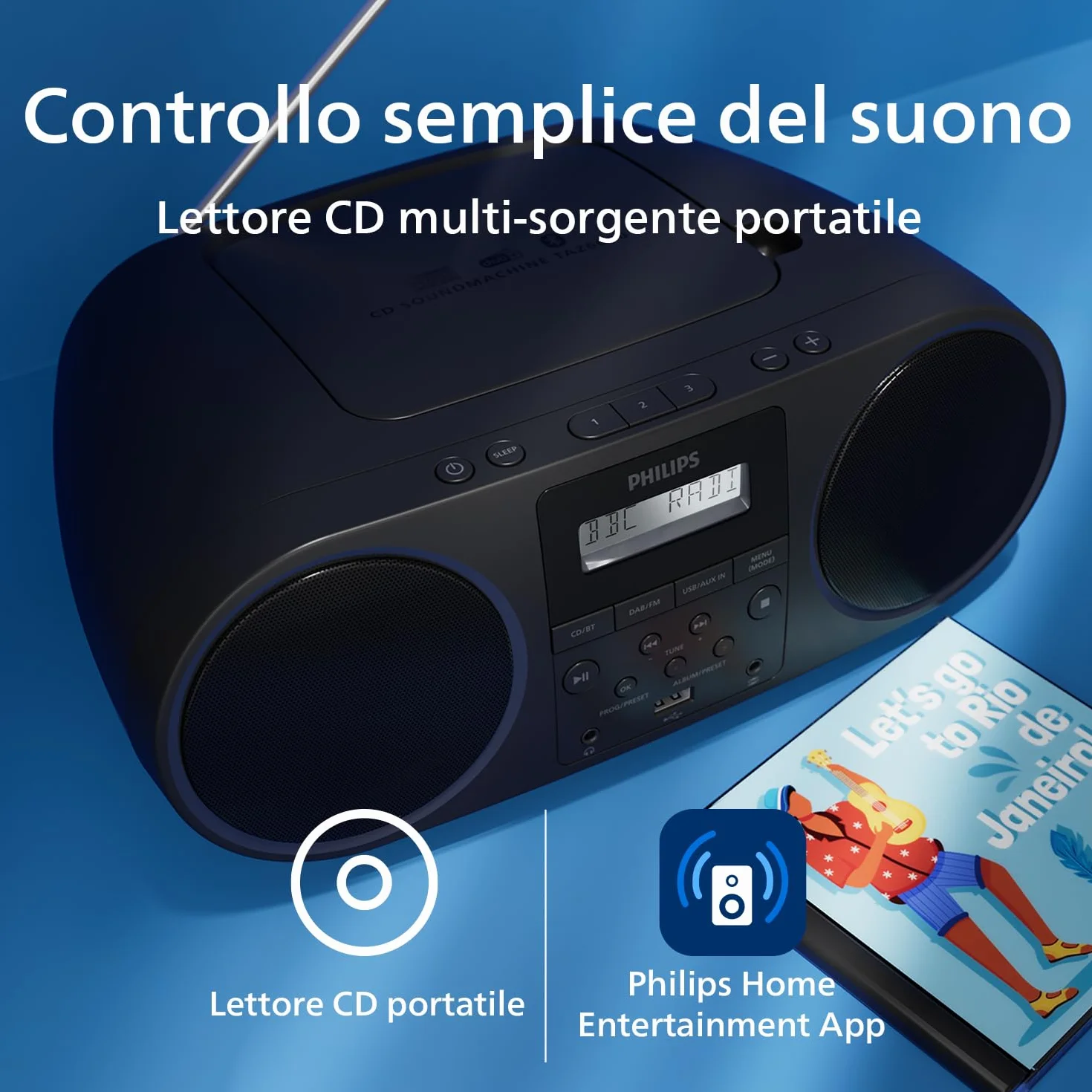Philips TAZ6000 Lettore CD tutto in uno con radio DAB+/ FM, Bluetooth 5.4, USB, batteria/CA