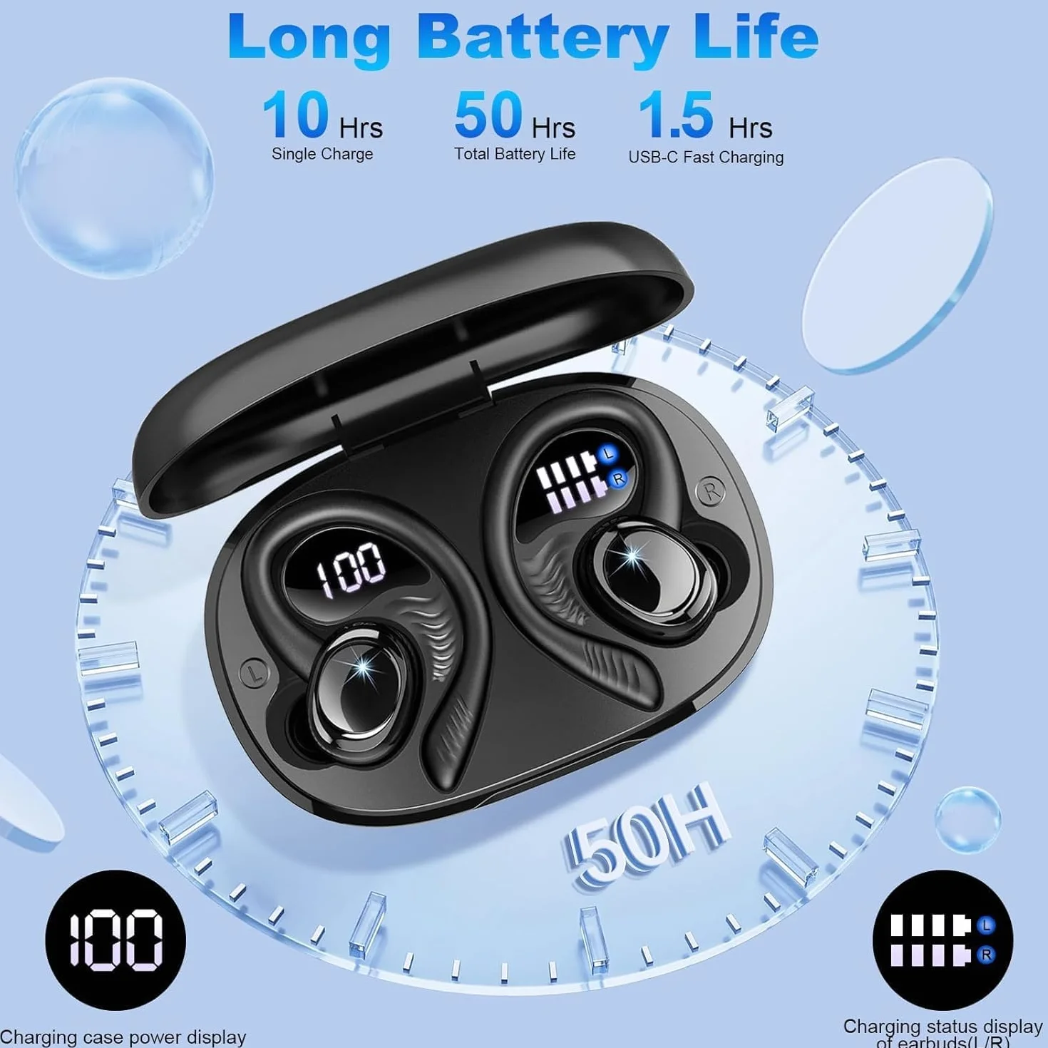 Cuffie Bluetooth Sport Hupoaf 5.4 4 ENC Mic 50 Ore HiFi Stereo IP7 Impermeabili Display LED USB-C Running iOS Android Nero