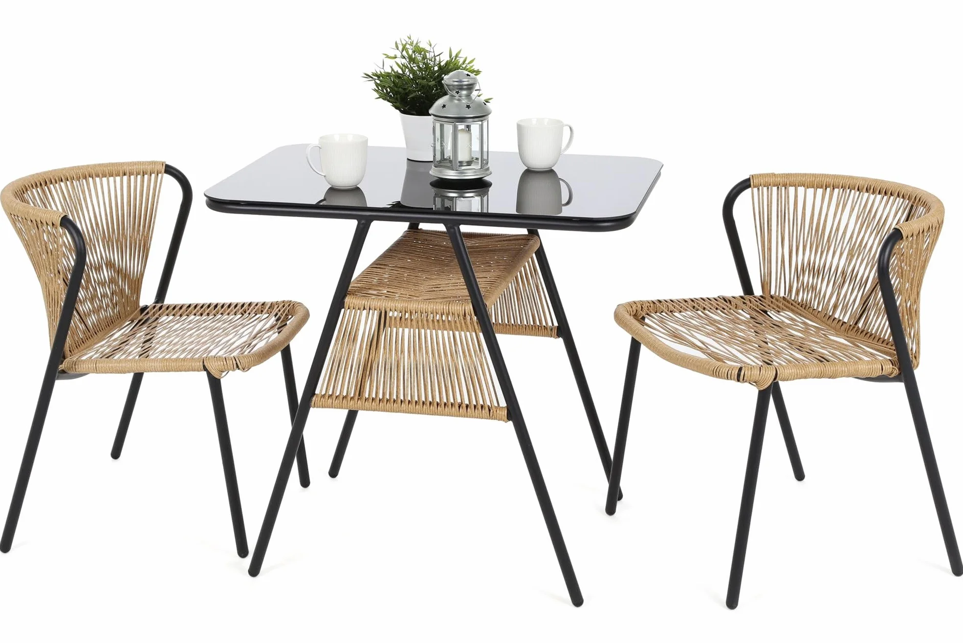 Megashopitalia Set Bistrot da Giardino Richiudibile Due Poltrone Tavolino con Piano in Vetro Impilabili a Scomparsa Salvaspazio