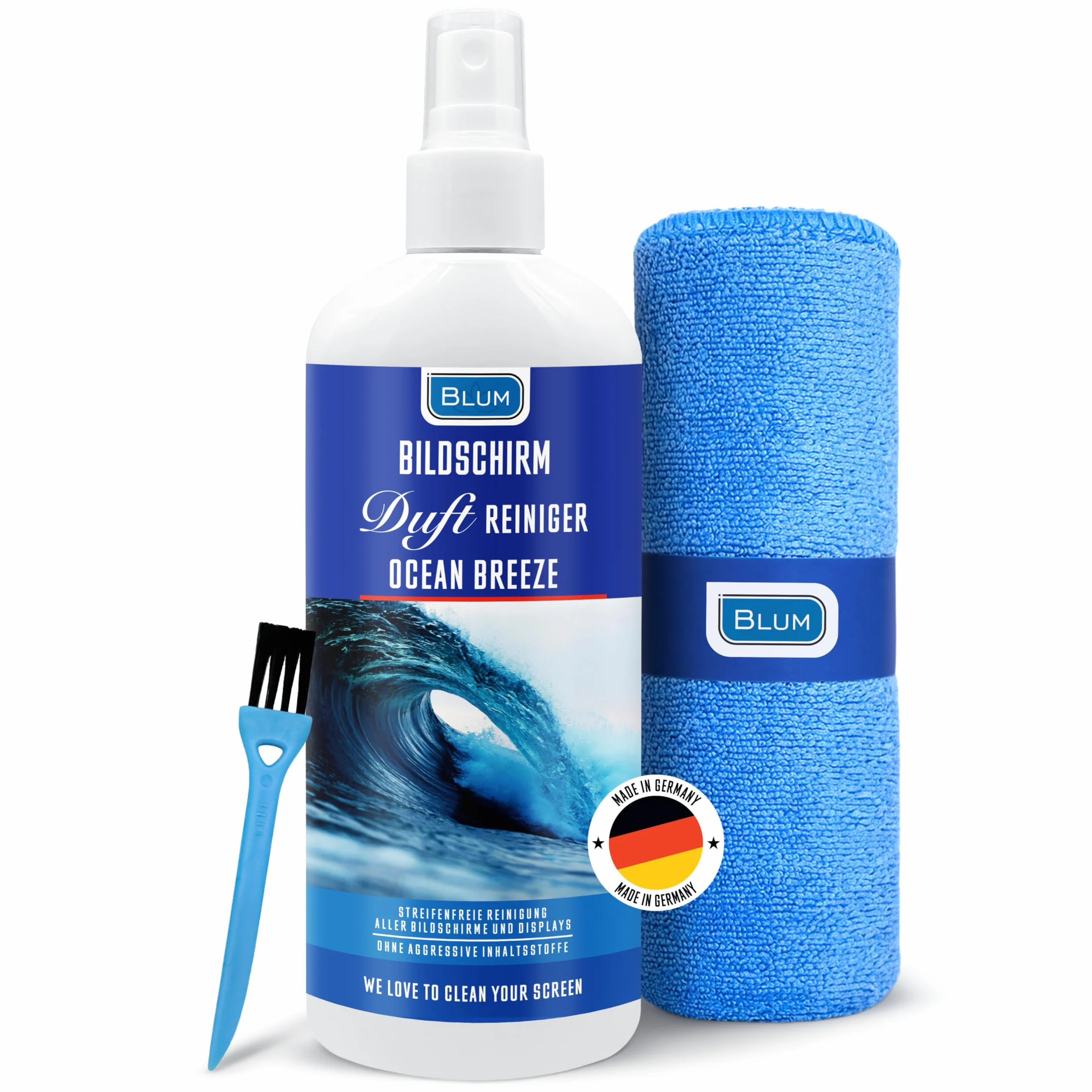 Blum Detergente schermi OCEAN BREEZE 250ml + panno microfibra 30x30cm Pulitore TV laptop monitor