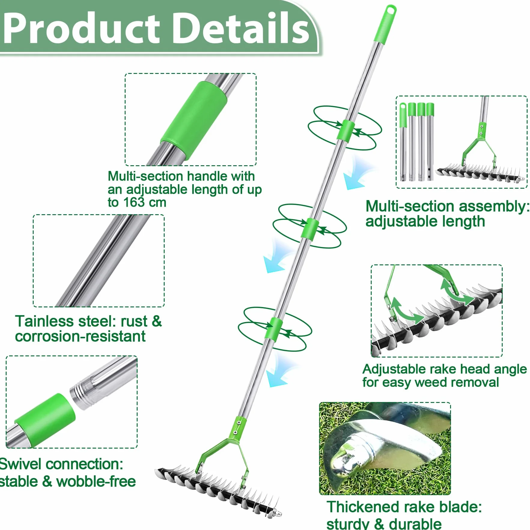 TZEKING 163cm Rastrello Sarchiatore con Manico Rimovibile,Cultivatore a Mano da Giardino a Manico Lungo Regolabile,Rastrello per Prato,Aeratore Doppio per Pulire l'Erba Morta
