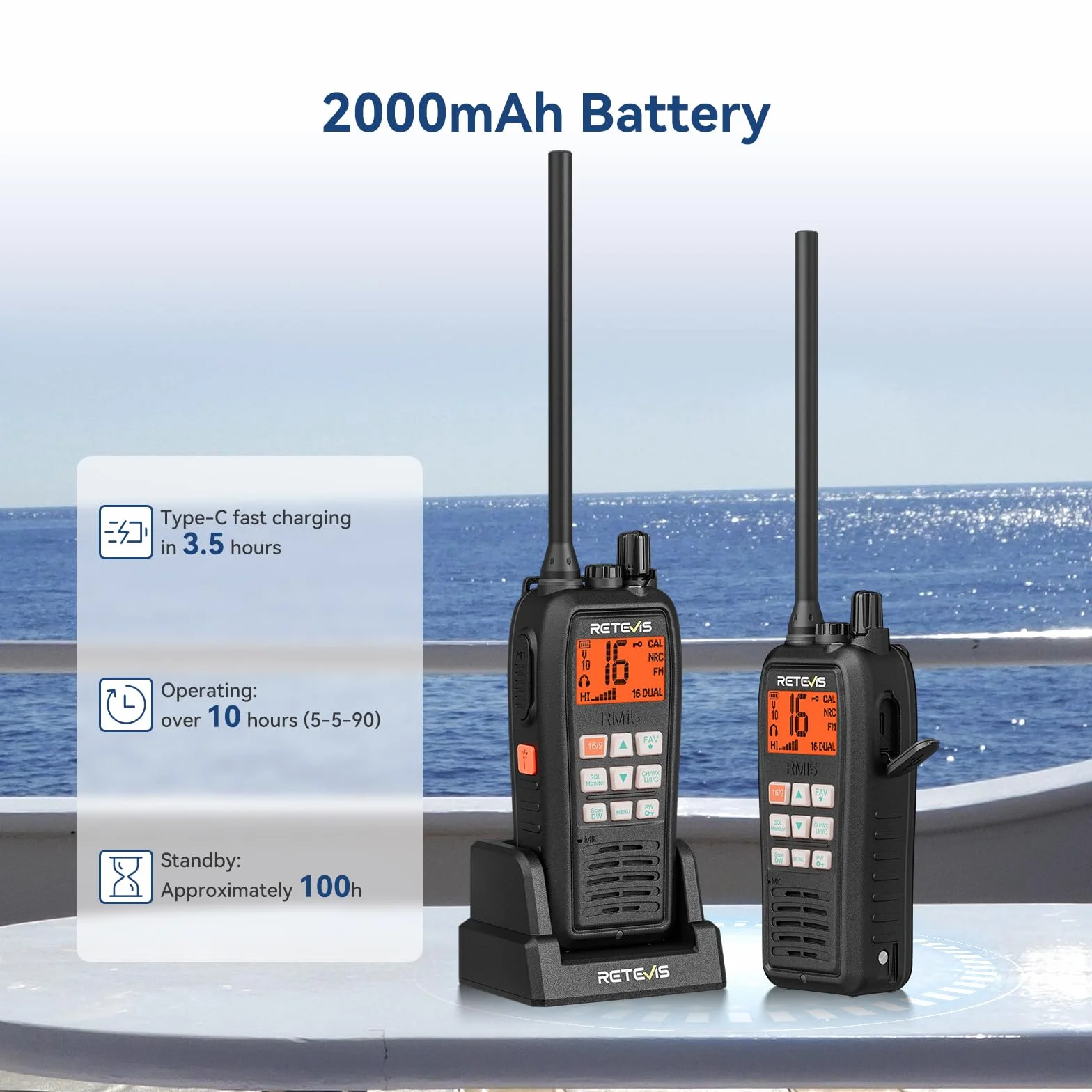 Retevis RM15 VHF Marino Walkie Talkie Portatile Galleggiante IP68 2000 mAh Batteria Schermo Due Colori 88 Canali Radio Bidirezionale per Barche Nero