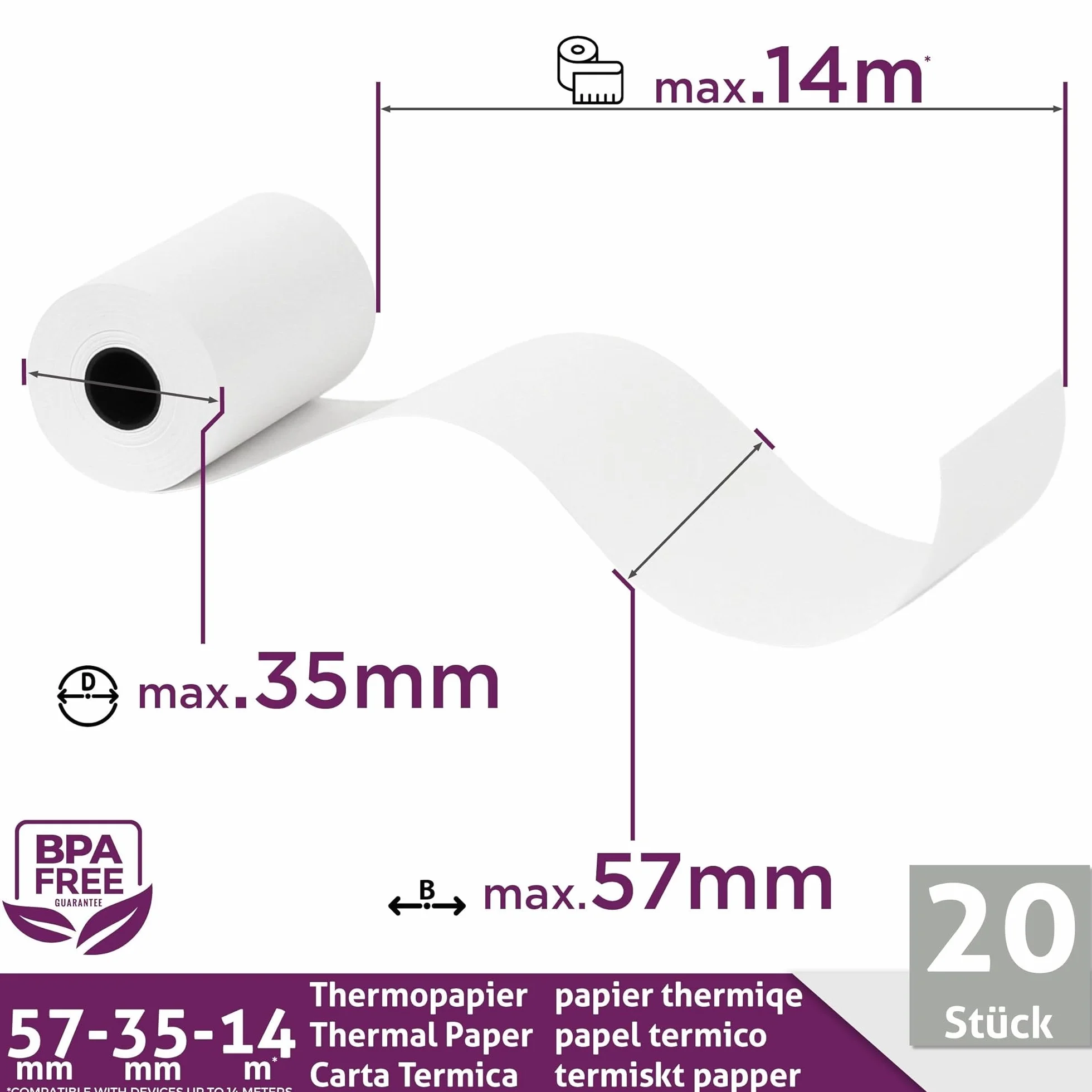 Rotoli POS 57x35x12 Carta Termica per Ricevute Bancomat 57mm x 14m x 12mm 20x