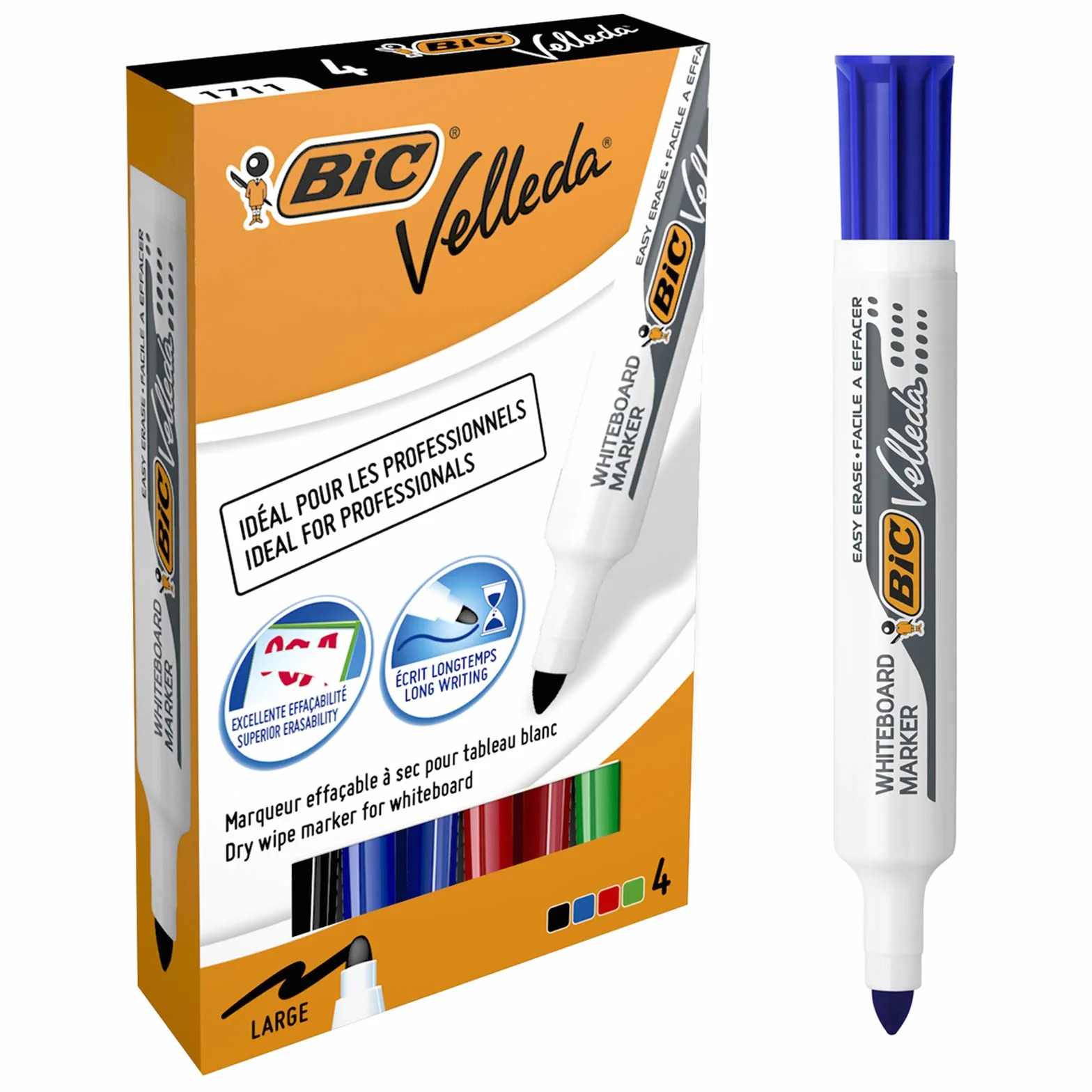 BiC Velleda 1711 Pennarelli per Lavagna Magnetica, Punta a Proiettile, Tratto 1.9 mm, 4 pezzi, colori assortiti