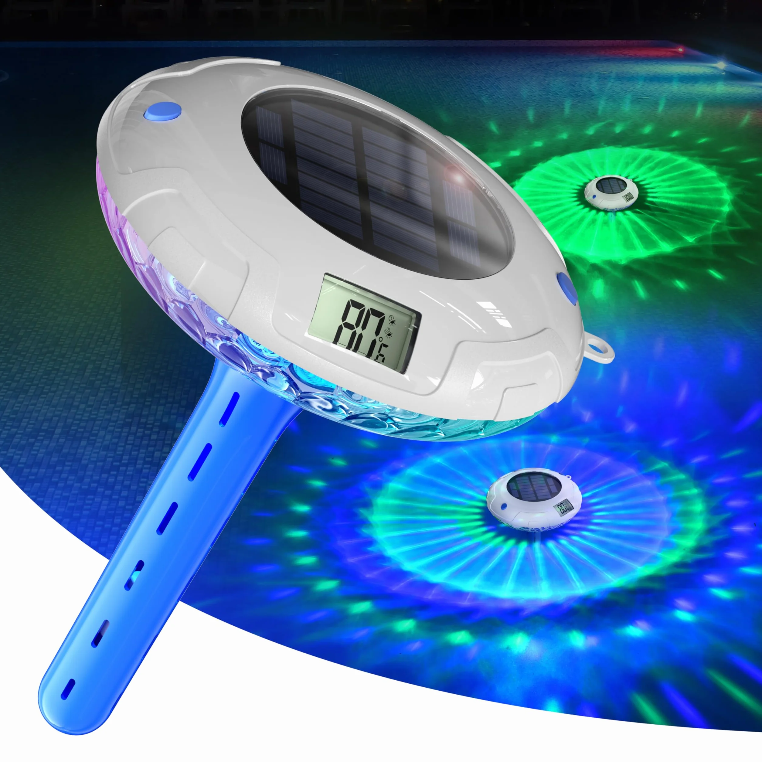 Luce solare per piscina con doppio display LCD, termometro galleggiante per piscina facile da leggere, 8 effetti di illuminazione dinamici, termometro digitale impermeabile IPX7