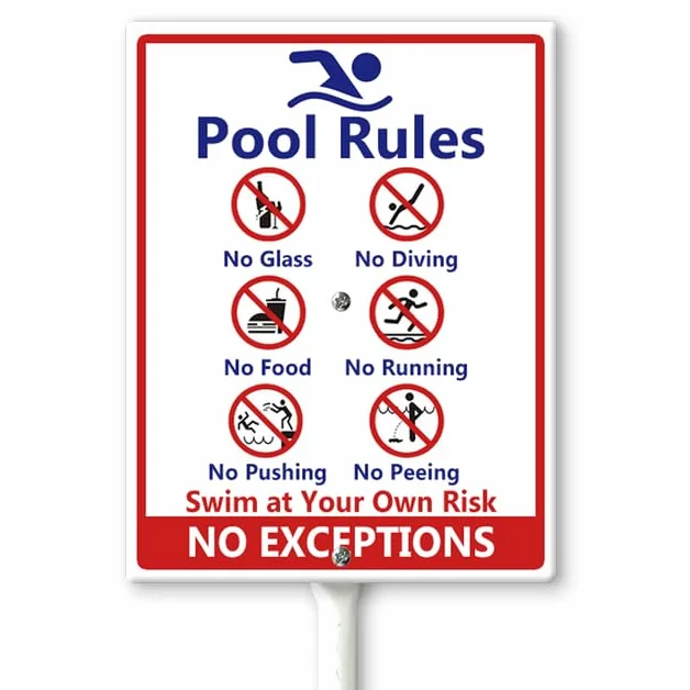 Cartelli Regole Piscina, "No Diving No Glass", "No Food No Pushing No Running No Peeing in Pool Swim at Your Own Risk" Cartello da Giardino con Pali, 17,5×22 cm, Cartelli da Giardino