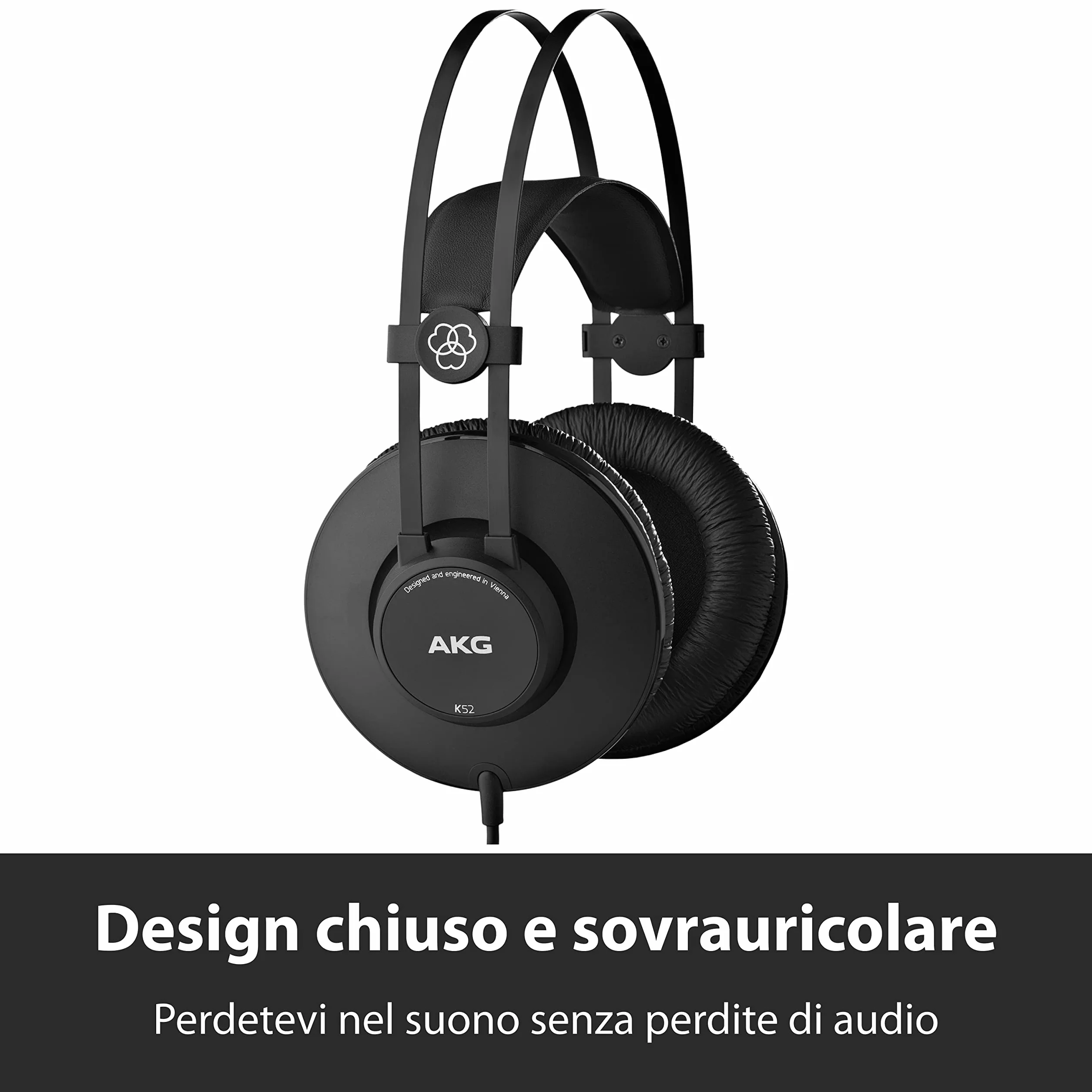 AKG K52 Cuffie da studio chiuse con cavo, adattatori 3,5 mm e 1/4", cavo 3 m - Nero