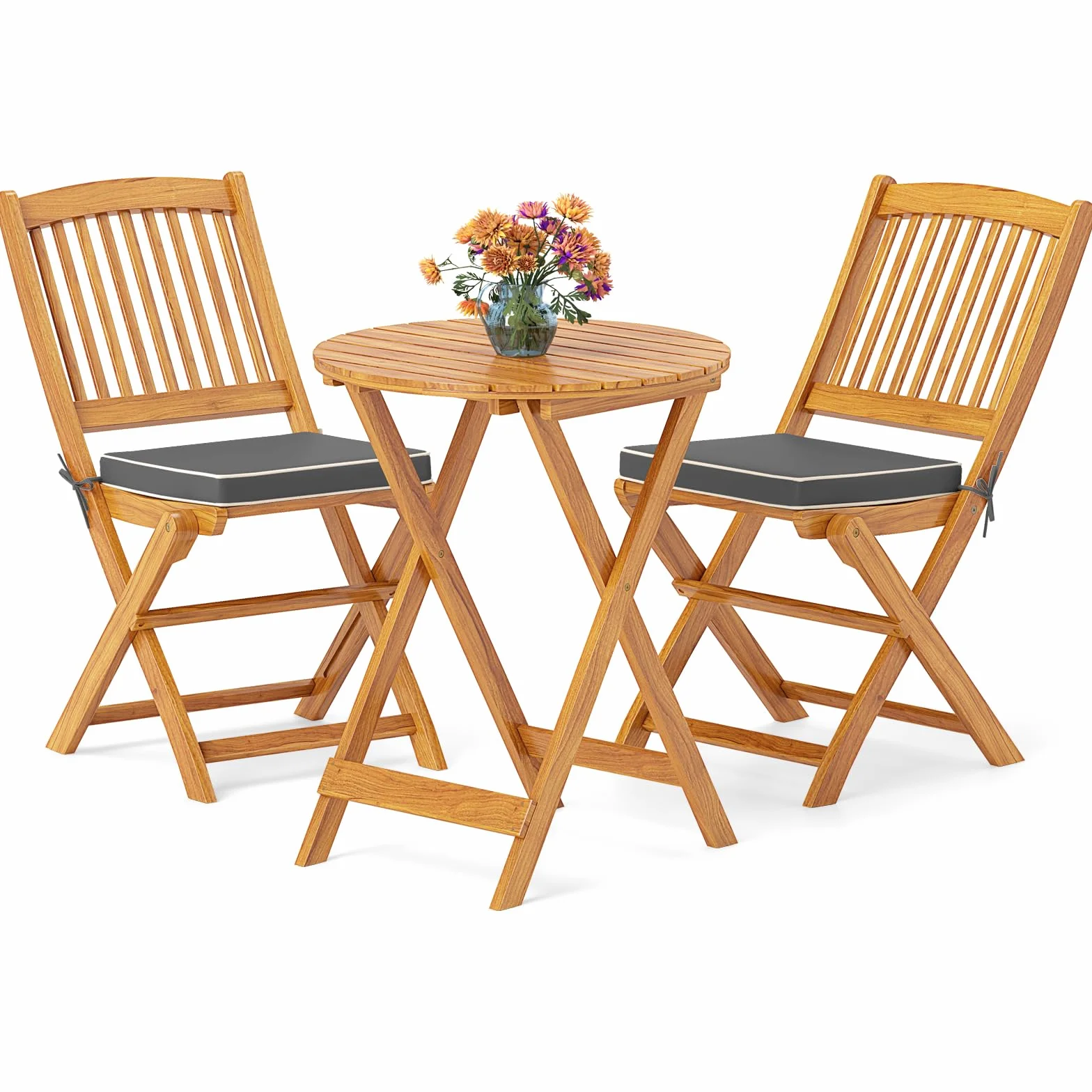 GIANTEX Set da Giardino 2 Posti in Legno di Acacia, Tavolo da Giardino Esterno con Sedia Pieghevole, 2 Cuscini Rimovibili, per Terrazza, Balcone, Bistrot (Grigio + Naturale)