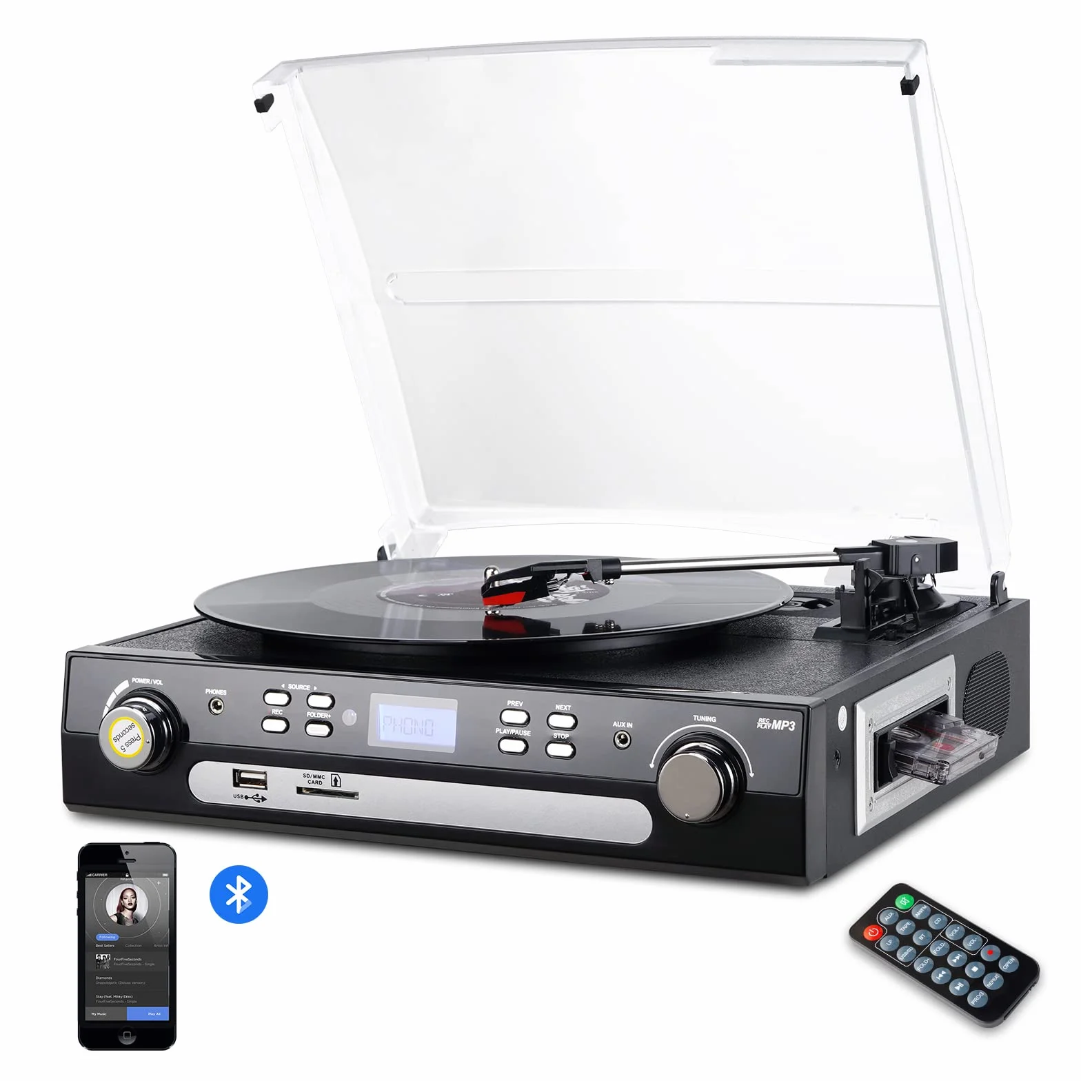 Altoparlante Stereo Bluetooth con Spina per Dischi in Vinile Digitnow, Radio a Tre Vie AM/FM, USB MP3