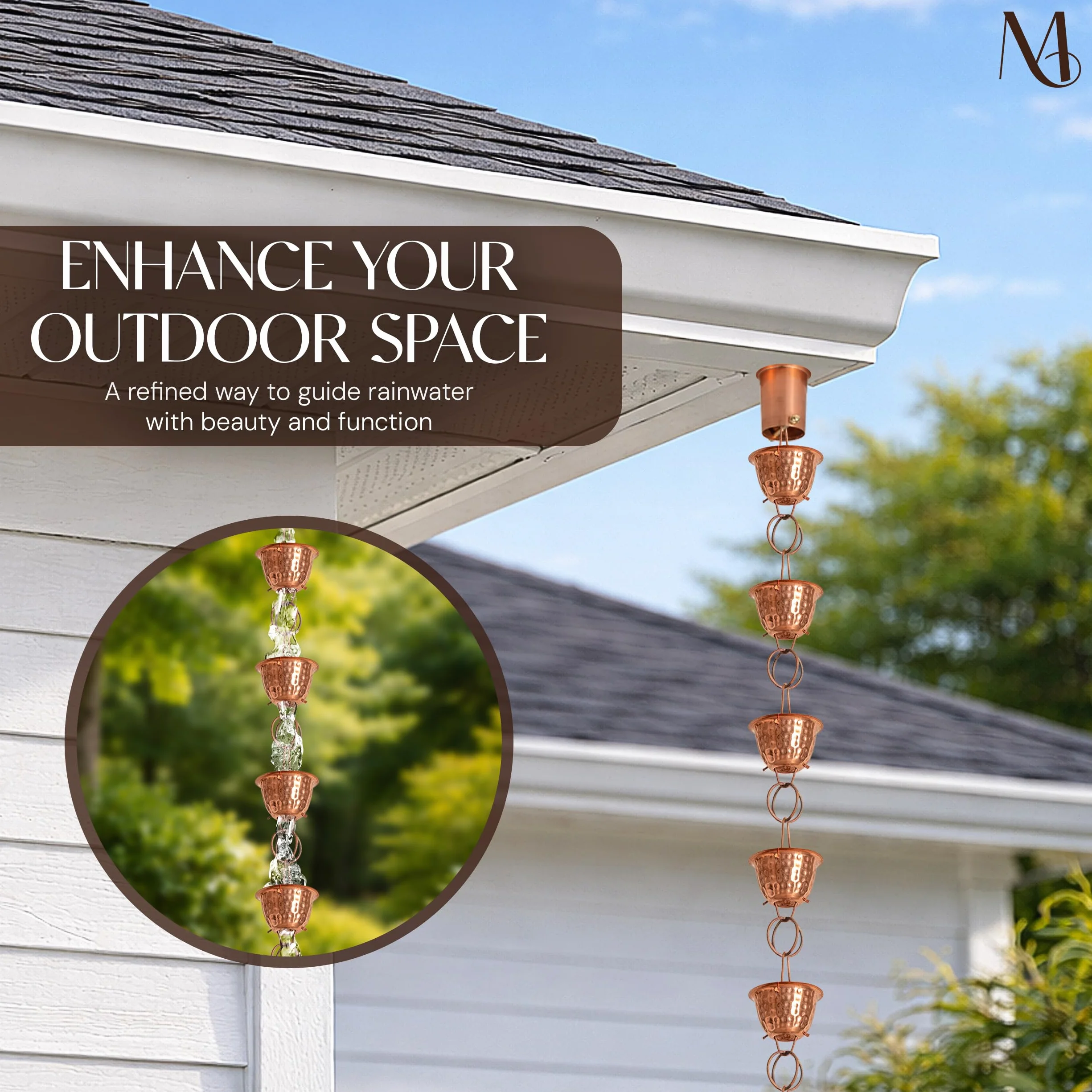 Monarch Pure Copper Hammered Cup Rain Chain 8.5 ft Replacement Downspout for Gutters