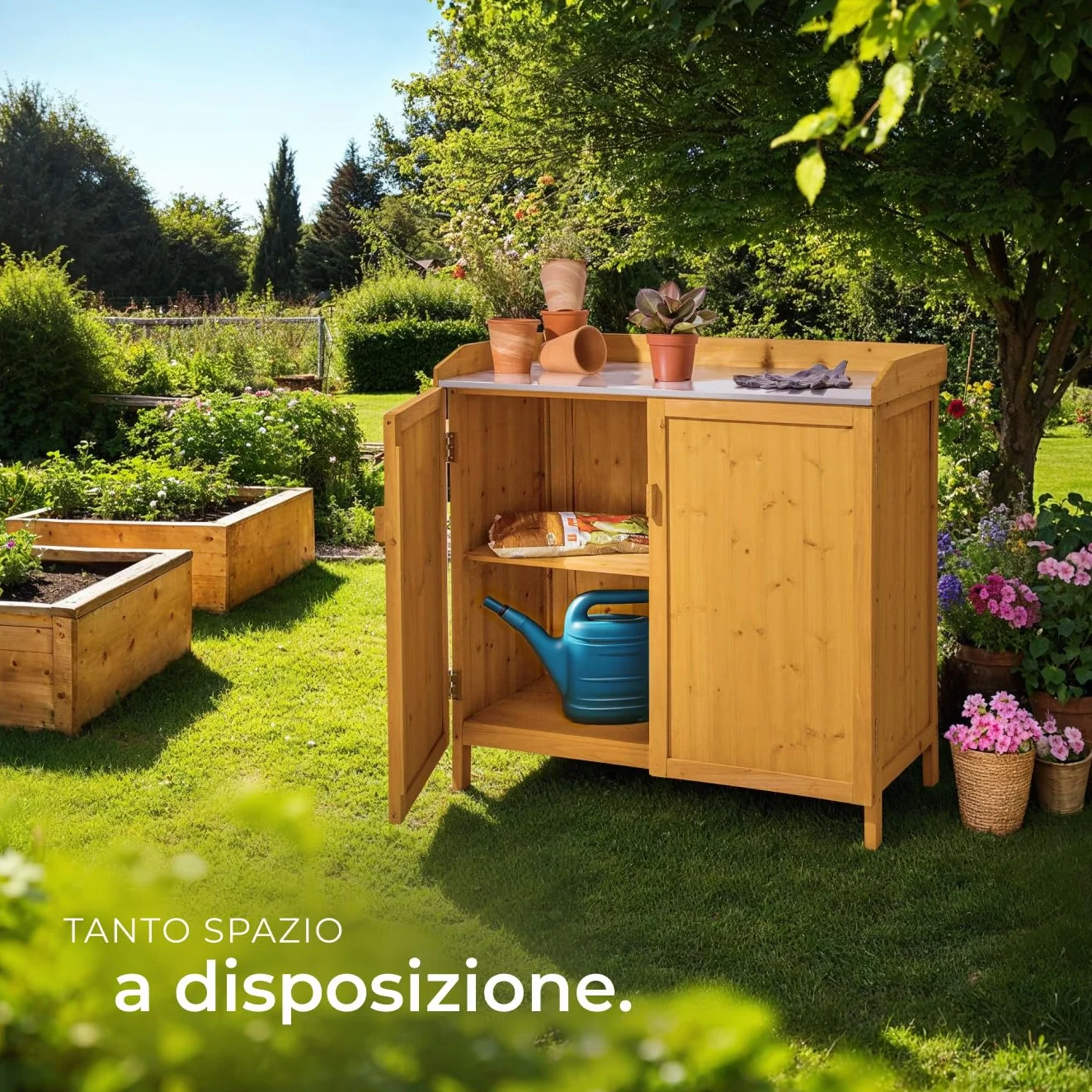 Tectake Armadietto da Giardino con Piano Lavoro Zincato 98x48x95 cm Spazio Utensili Accessori Barbecue Tavolino Giardinaggio Mobile Giardino