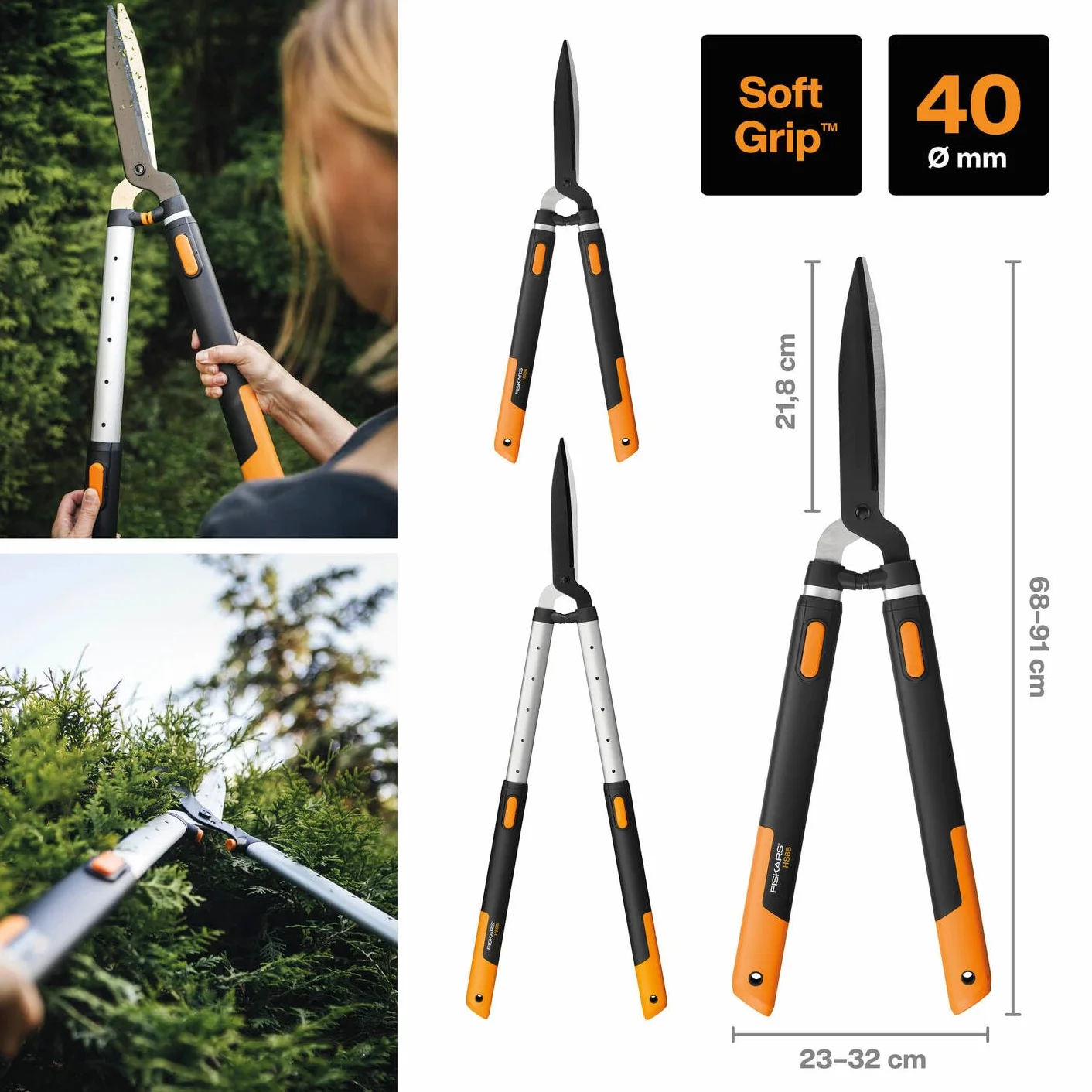 Fiskars SmartFit HS86 Cesoie telescopiche per siepi 68-93 cm Lama acciaio rivestimento antiaderente Nero Arancione