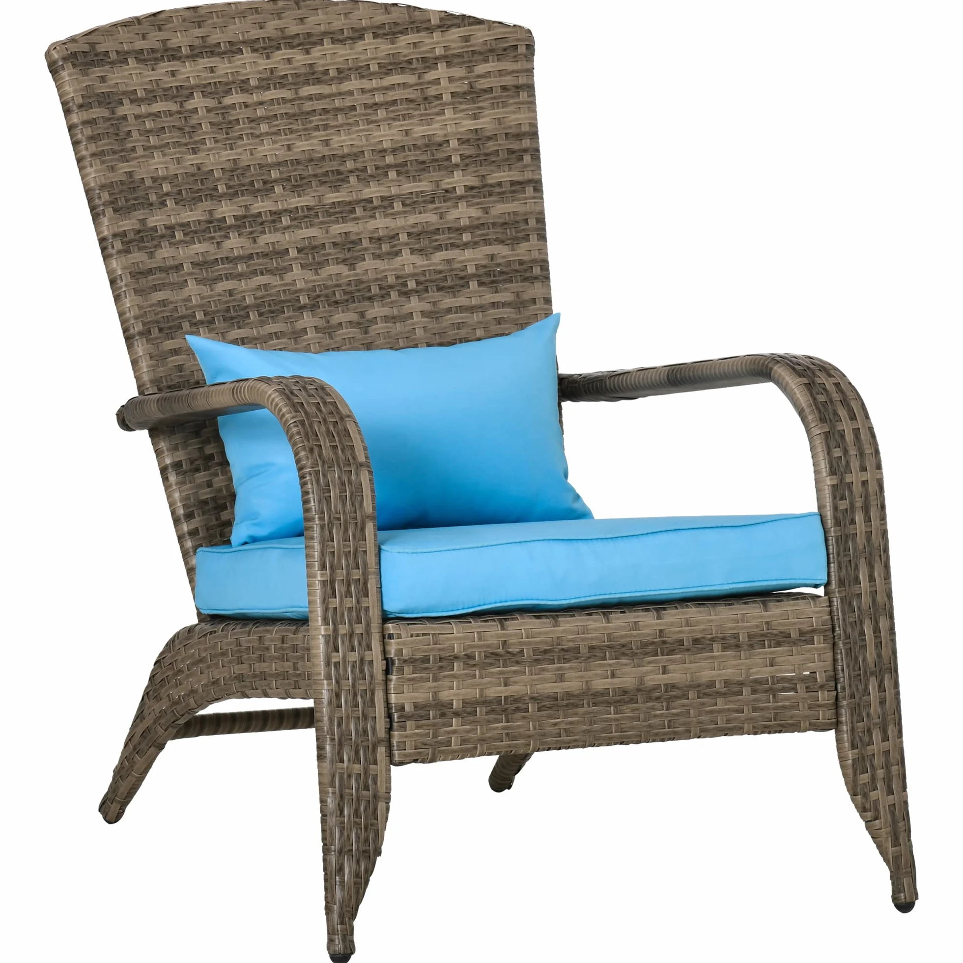 Outsunny Sedia da Giardino Adironrack con Braccioli e Cuscini, Sedia in Rattan e Acciaio per Interni ed Esterni, 64x80x90 cm, Marrone e Blu
