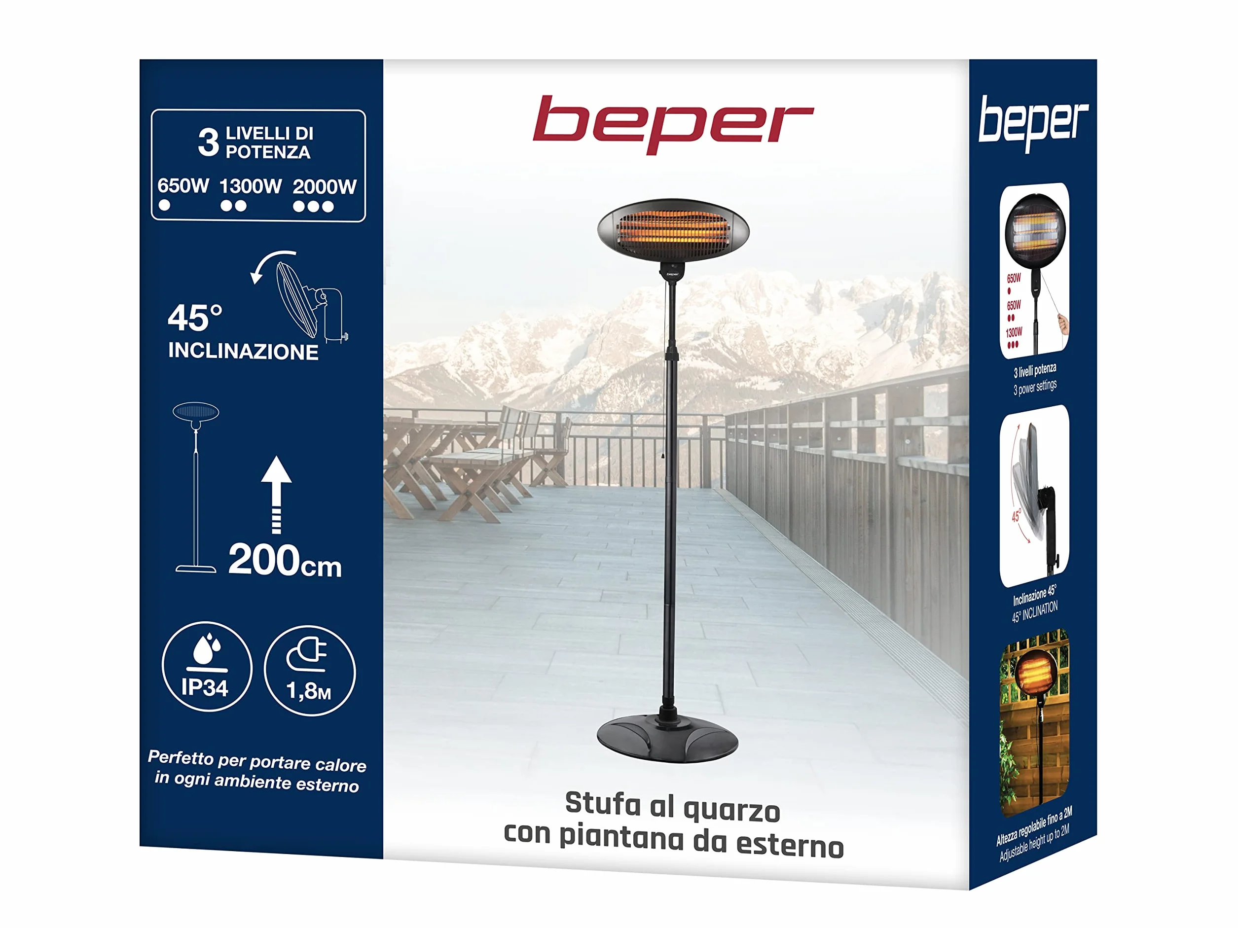 BEPER P203PAN002 Lampada Riscaldante a Basso Consumo 3 Impostazioni Calore Stufa Quarzo Esterno