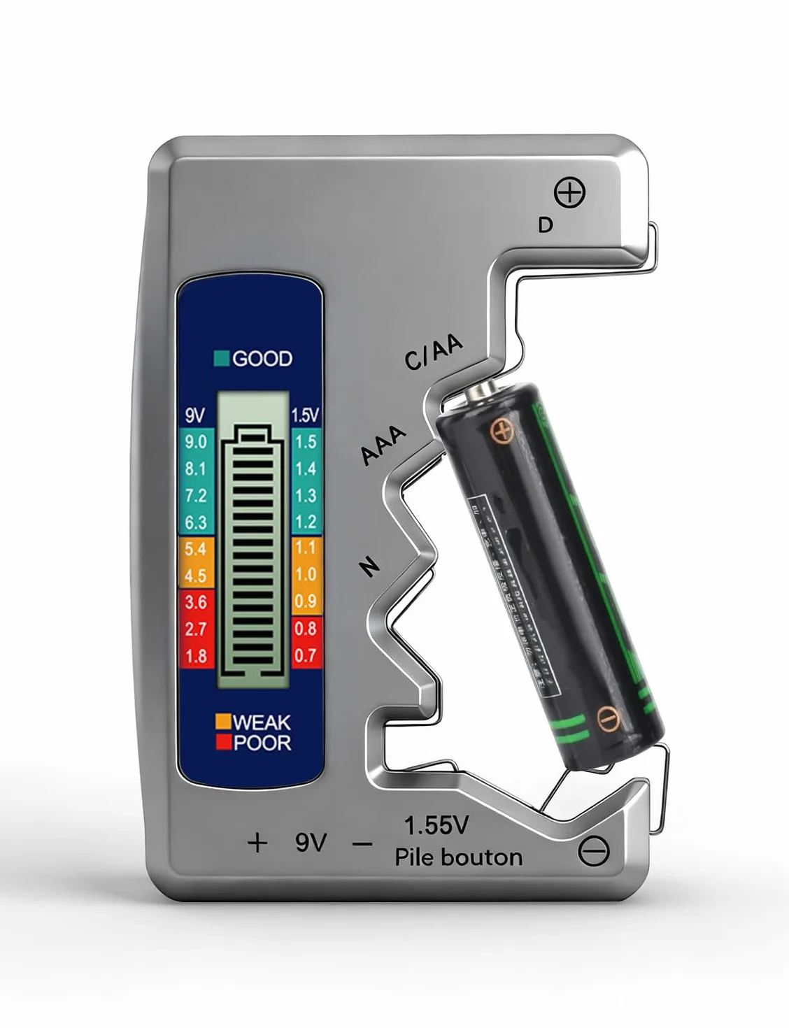 Testatore universale per batterie con display LCD AA AAA N C D 9V pile a bottone 1,55V mini pile