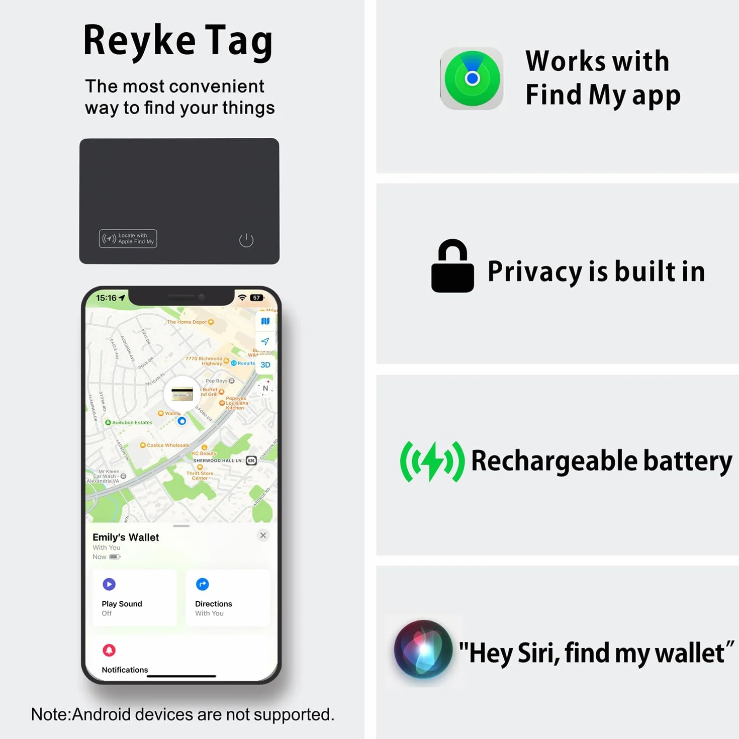 Reyke Scheda di tracciamento del Portafoglio Sottile compatibile con Apple Find My per etichette bagagli telefoni cellulari passaporti