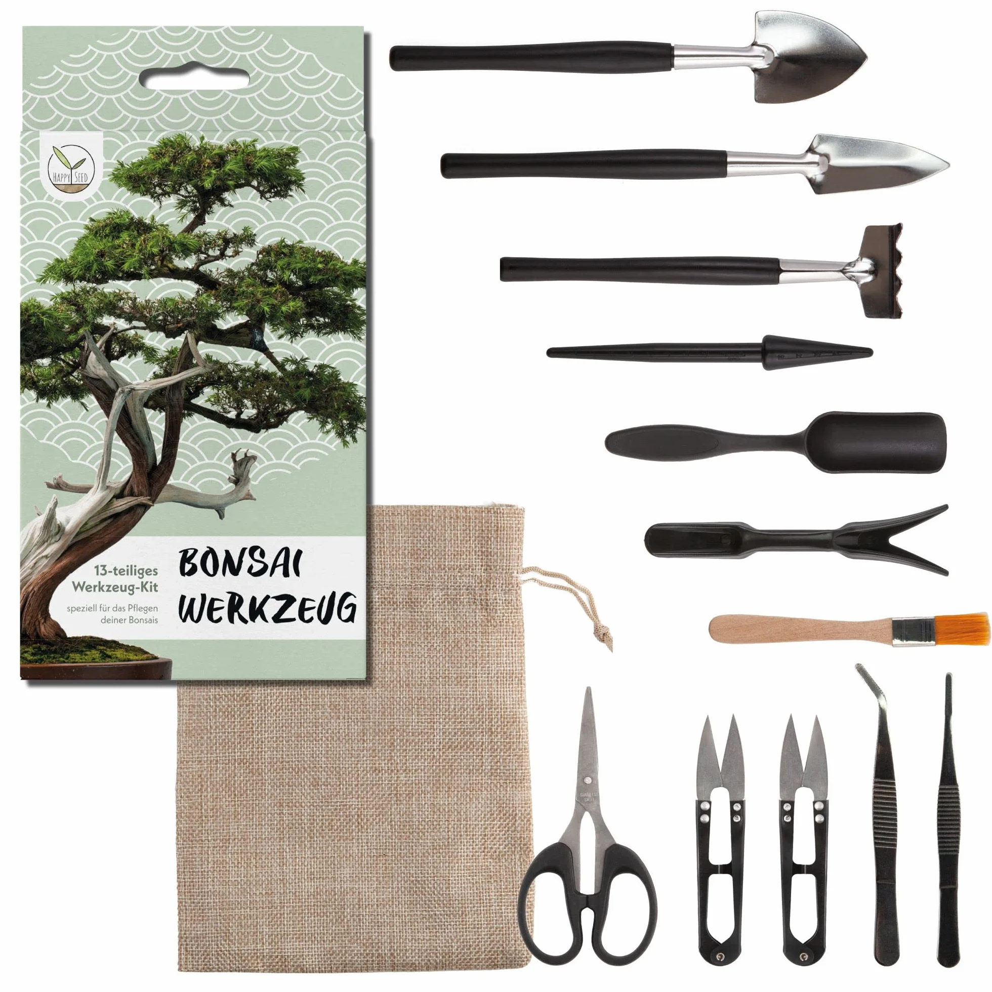 HAPPY SEED Kit Bonsai Attrezzi 13 Pezzi con Pratica Borsa - Mini Utensili da Giardinaggio per Piante da Interno e Una Coltivazione Professionale di Bonsai