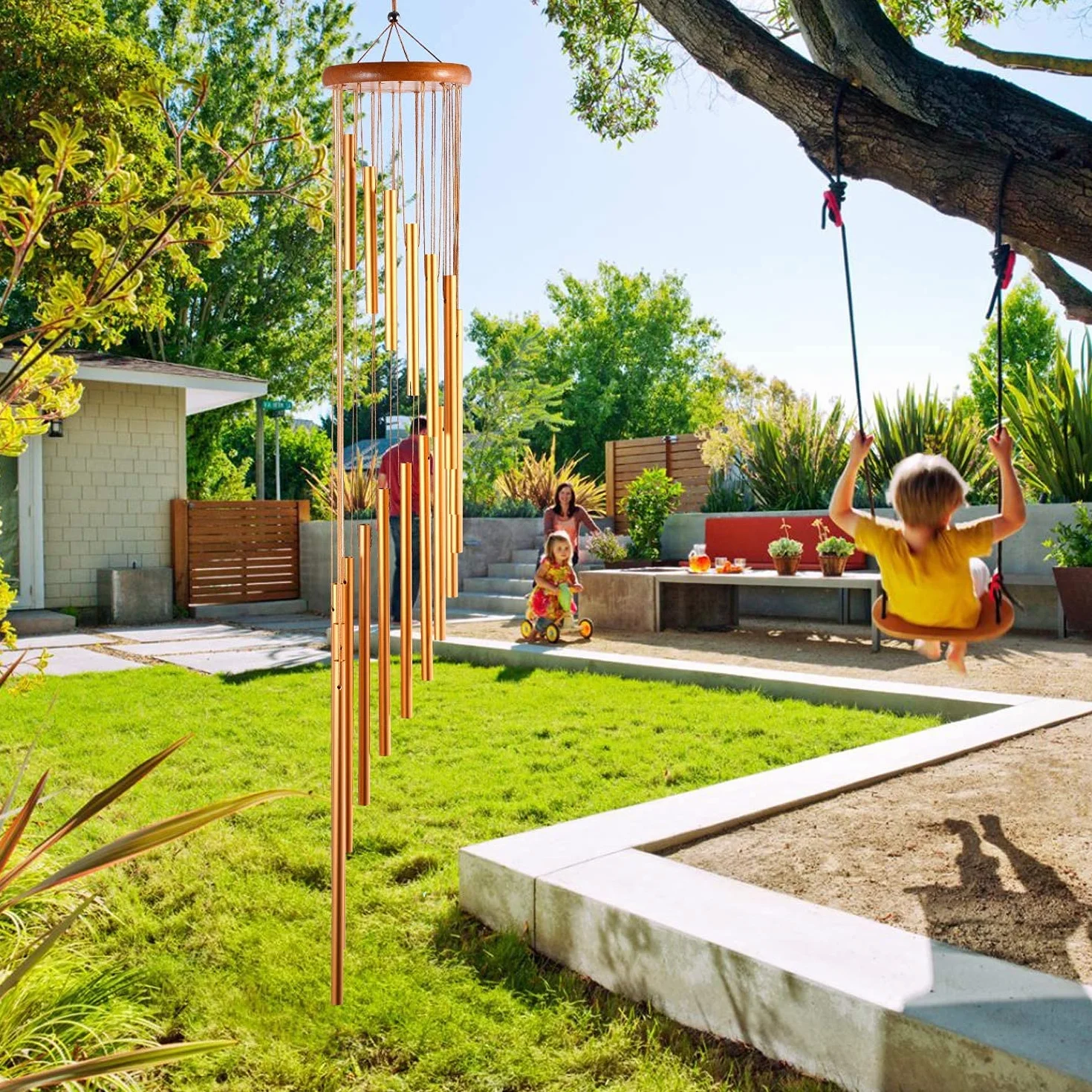 Alnicov Campanelli a vento per esterni, campanelli a vento commemorativi, 89 cm, con 18 tubi in lega di alluminio, per giardino, patio, casa e interni (dorato)