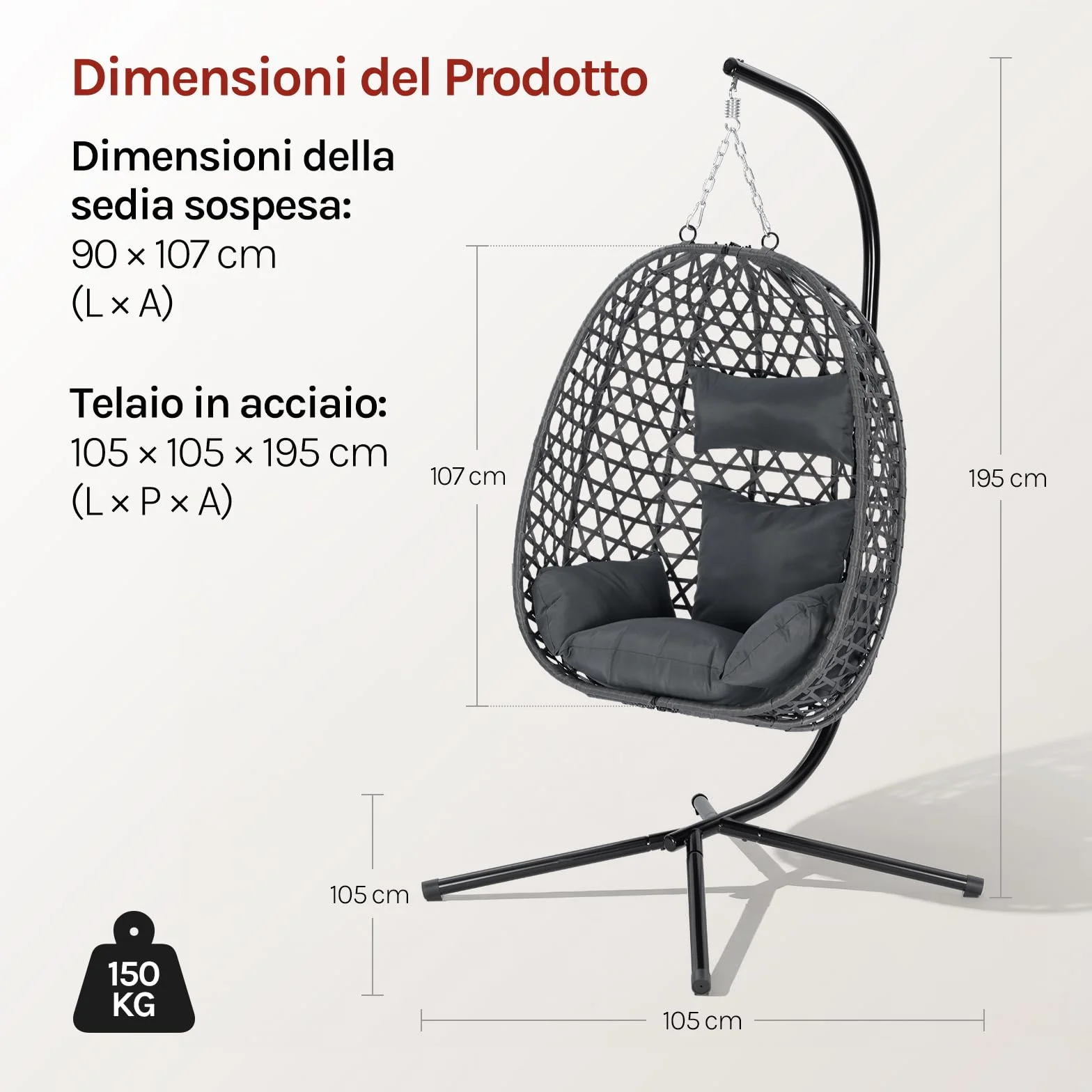 WOLTU Poltrona Sospesa a Uovo con Supporto in Metallo, Cuscino e Poggiatesta, Rattan PE, 102x100x196 cm, Grigio