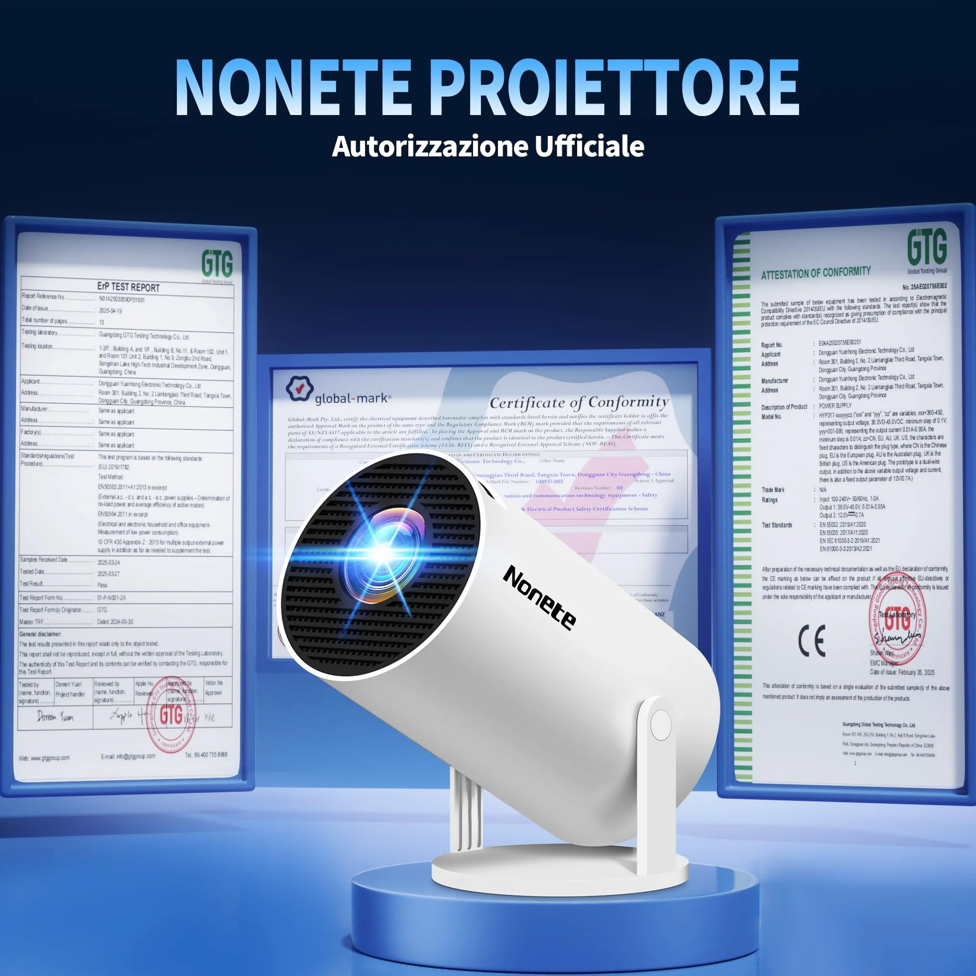 Proiettore 1080P FHD WiFi 6 BT 5.2 Portatile 4K Auto Keystone 270° Rotativo Bianco