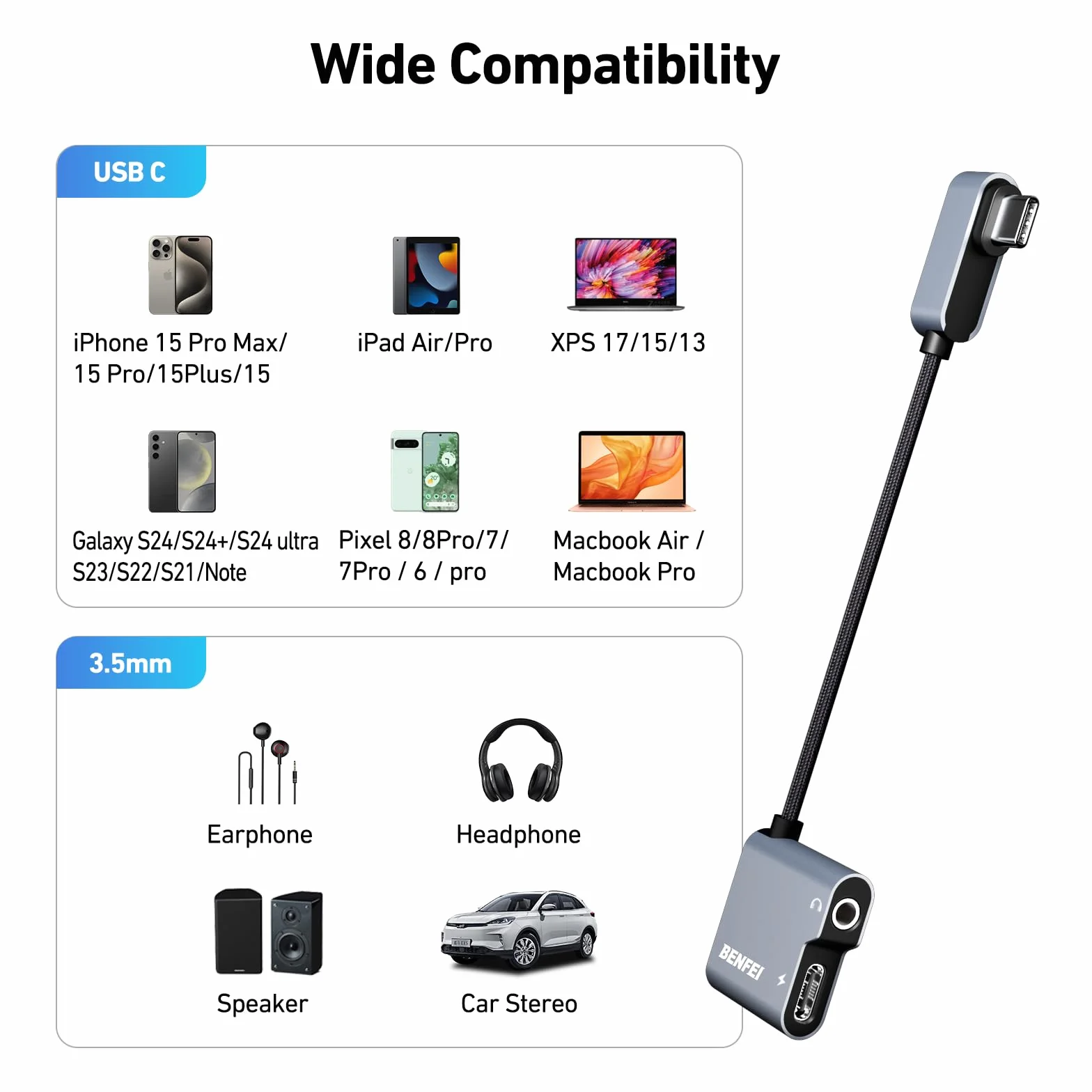 BENFEI Adattatore USB-C a Jack Audio 3,5 mm con Ricarica Rapida 60 W per iPhone 15 Pro Max, Samsung Galaxy S24, iPad Pro