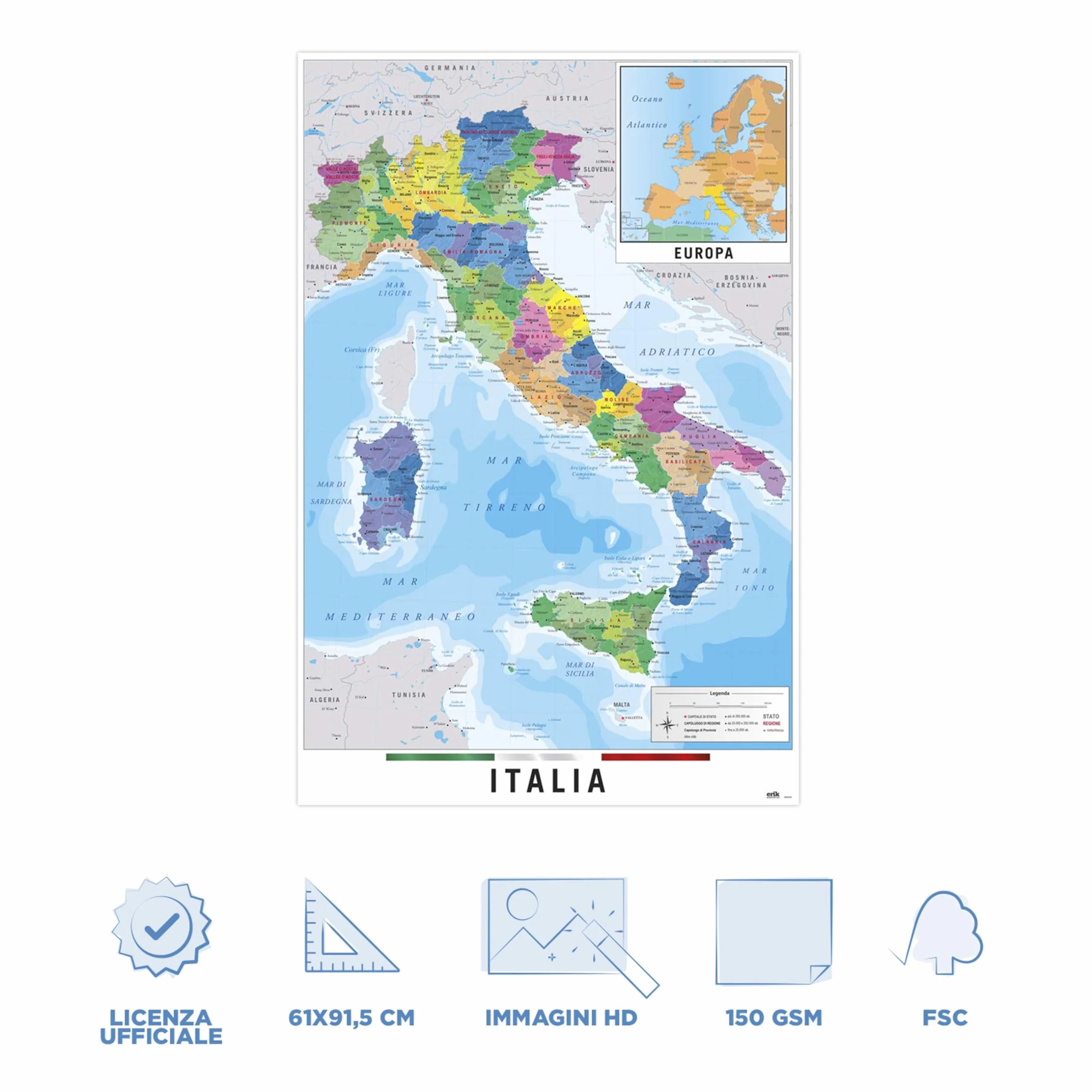 Grupo Erik Cartina Geografica Italia 61 x 91,5 cm Poster Da Parete Mappa Gigante