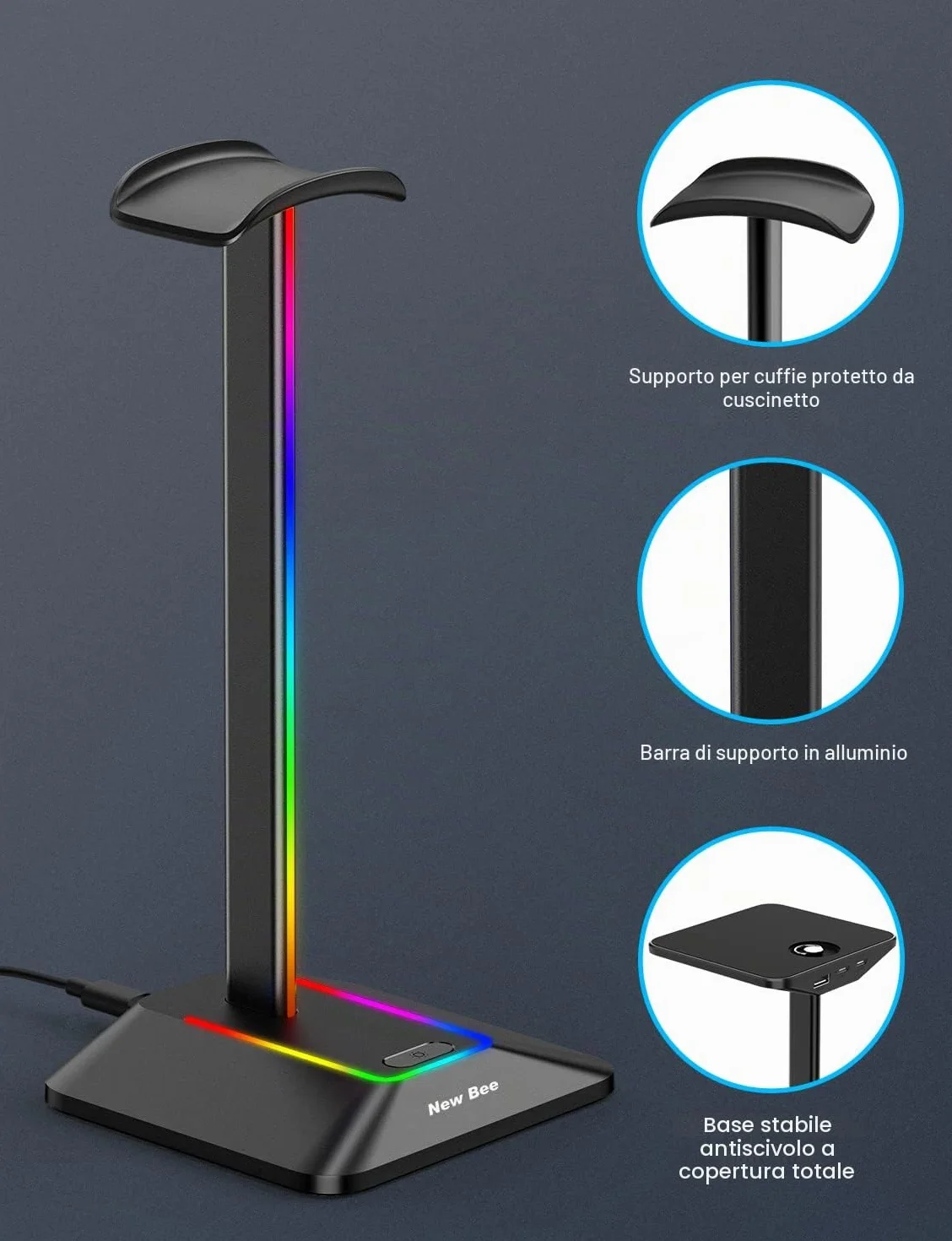 New Bee Supporto Porta Cuffie da Gioco RGB USB-C Caricabatterie Trasferimento Dati Universale Scrivania Nero
