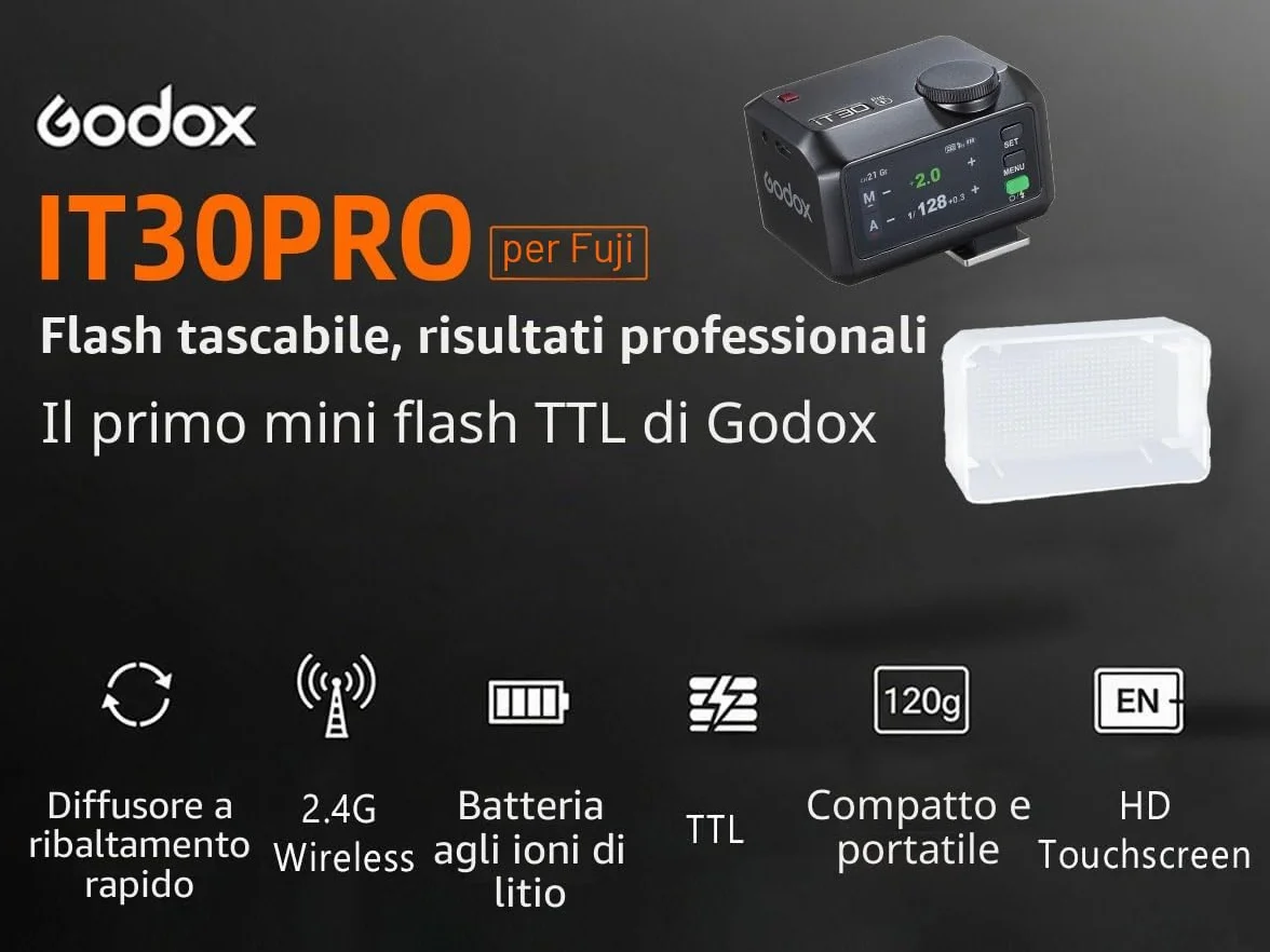 Flash Godox IT30Pro F per Fujifilm con Diffusore, Speedlite TTL HSS 1/8000s Touchscreen, Compatibile X100VI GFX100RF XS20 XS10 XT30 II XT5 XM5 GFX50S GFX50R X-T4 X-T3 X-E4