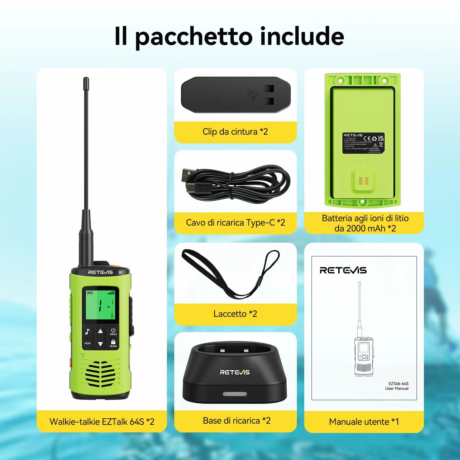 Retevis EZTalk 64S Walkie Talkie IP68 Impermeabile Ricaricabile Adulti Lungo Raggio Radio Bidirezionale (1 Paio)